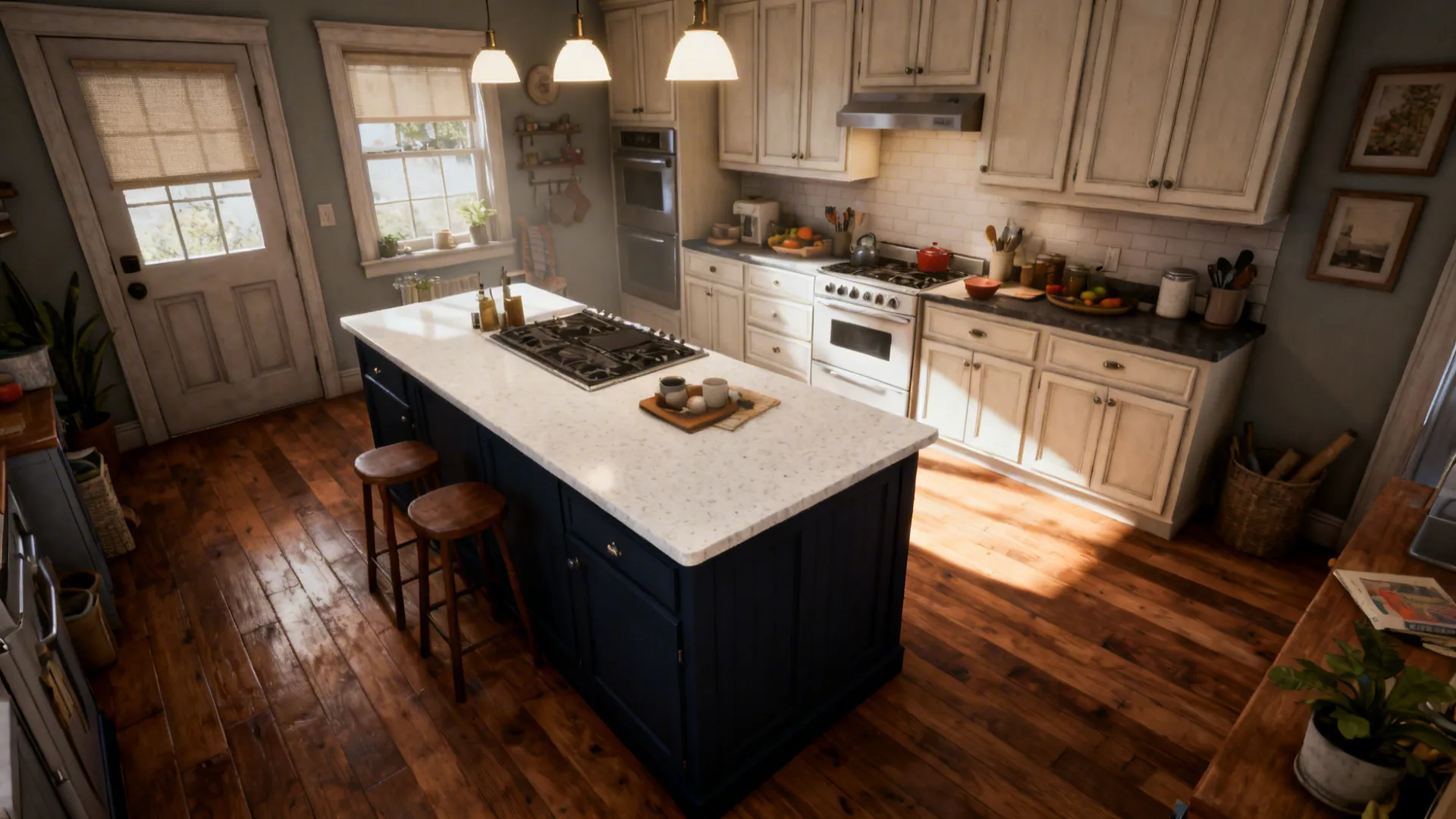 Spacious kitchen design with dark blue island white cabinets wooden floor and warm ceiling lights