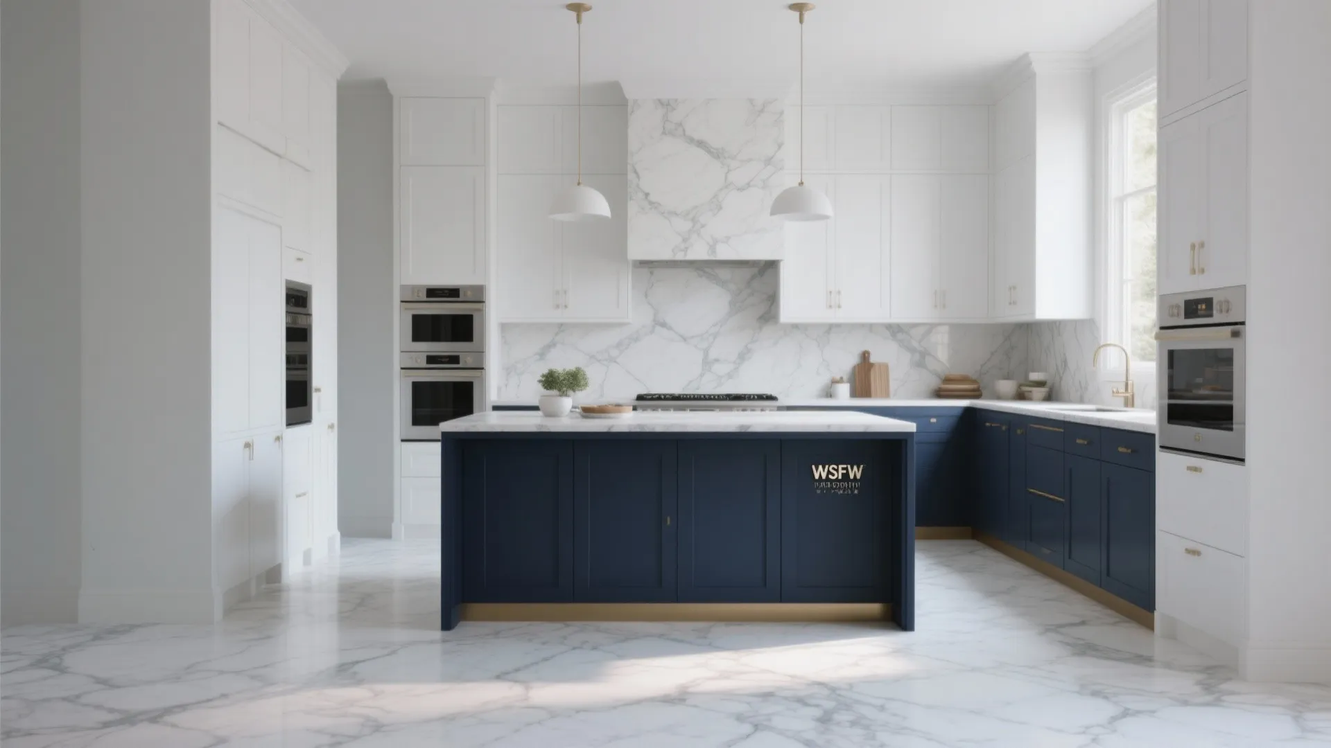 Modern white kitchen with blue island marble wall gold trim and two white hanging lights