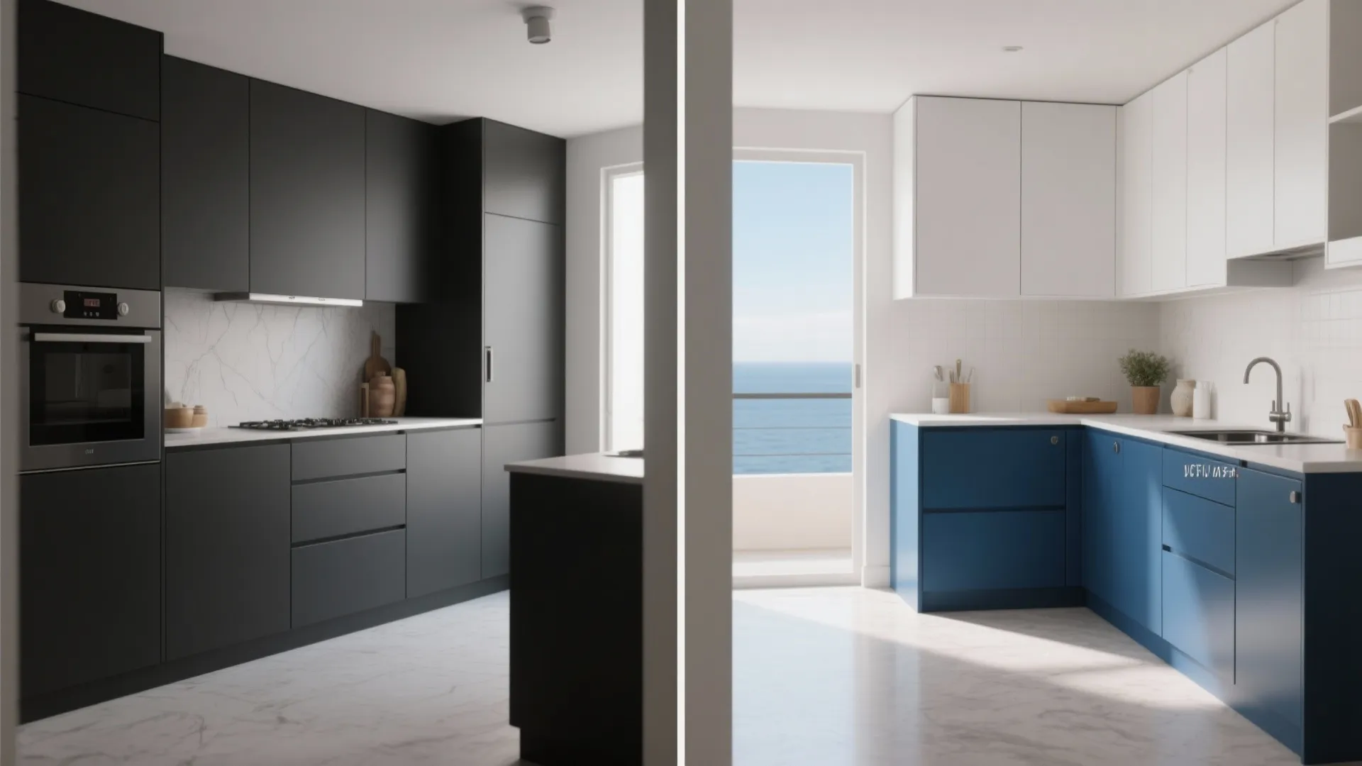 Comparison showing a dark grey modern kitchen next to a bright blue and white kitchen design