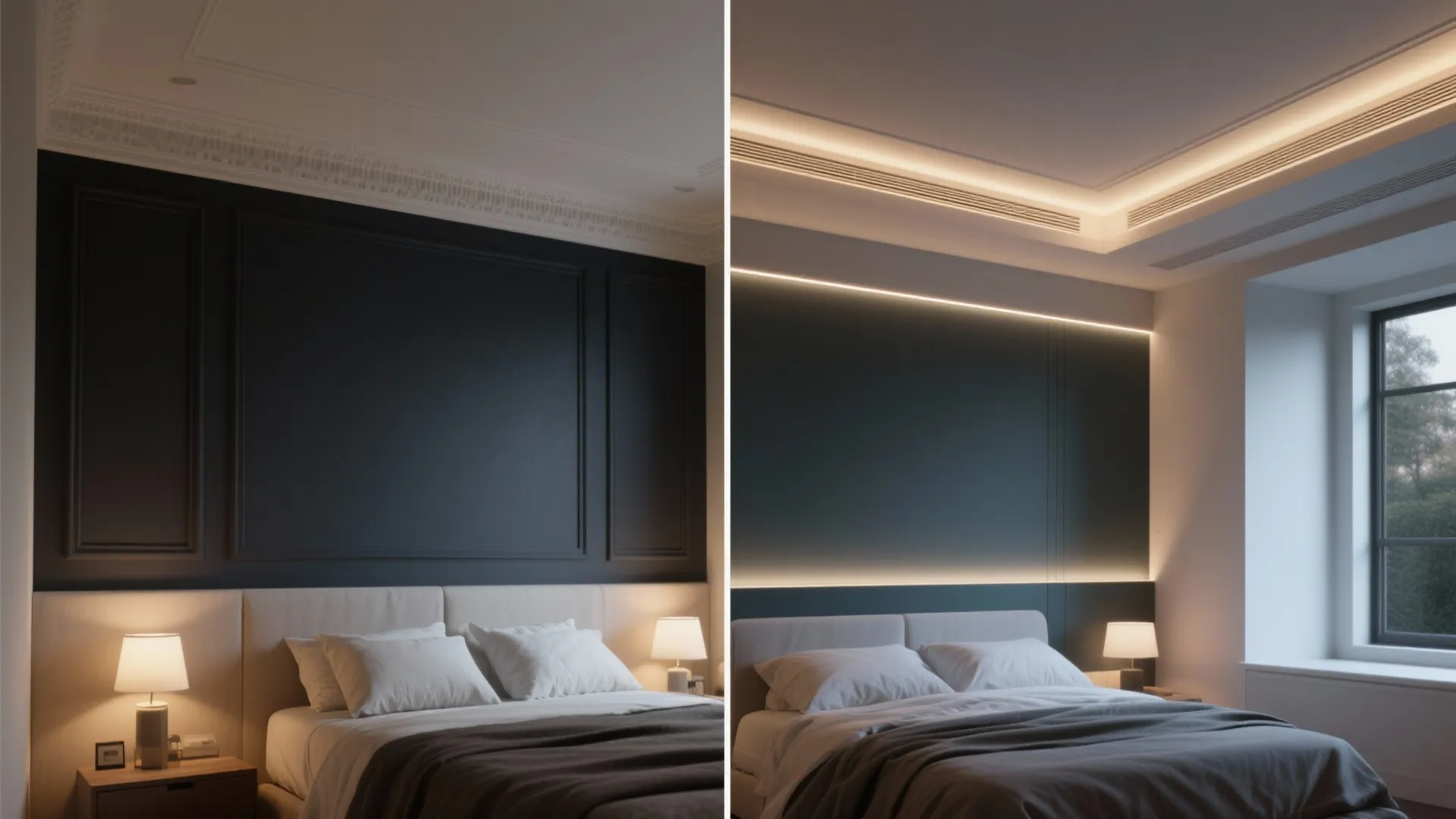 Before/after showing painted-contrast crown vs. stepped crown with integrated LED uplighting in a bedroom.