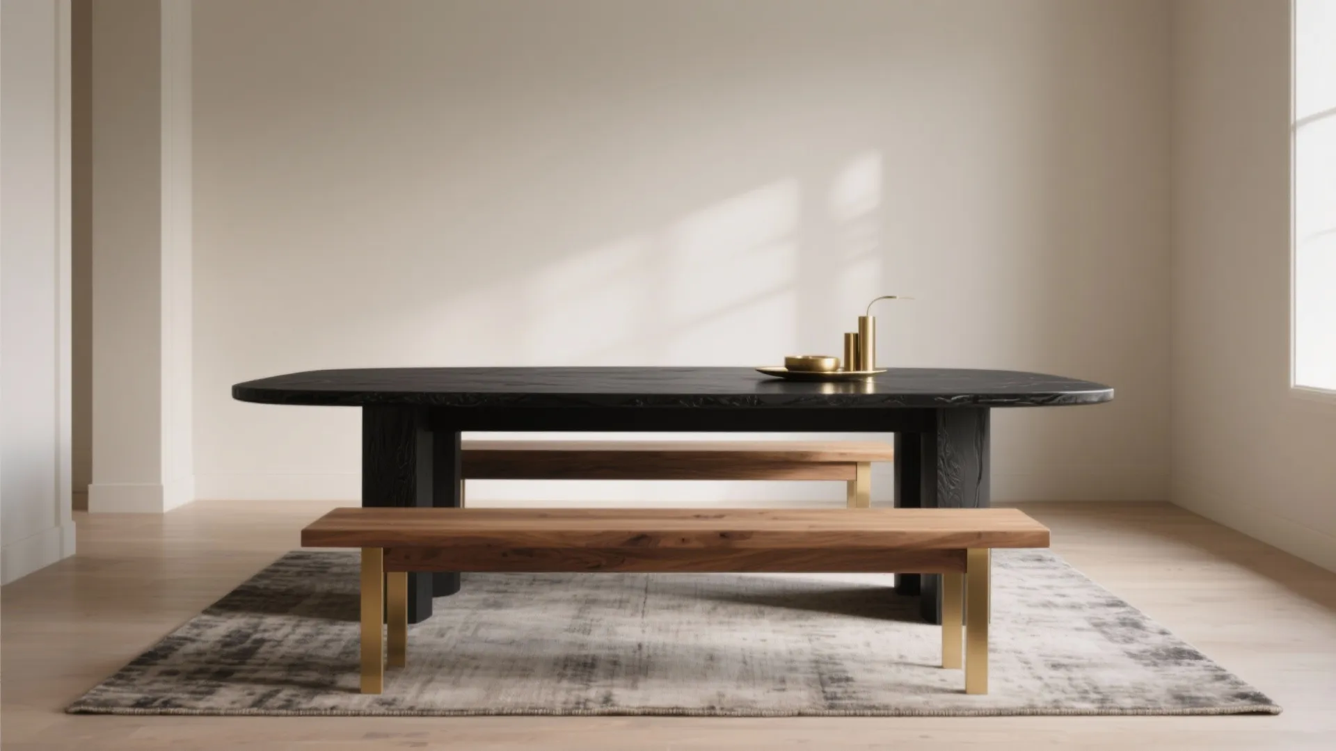 Minimalist dining room with black table wooden benches grey rug and natural light from window