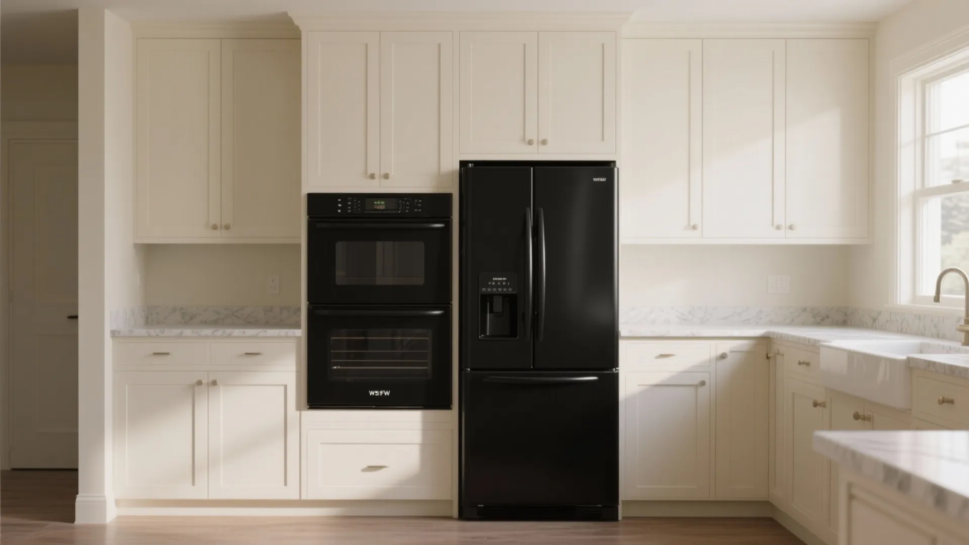 Matte black appliances contrasted with warm white cabinets in a bright kitchen.