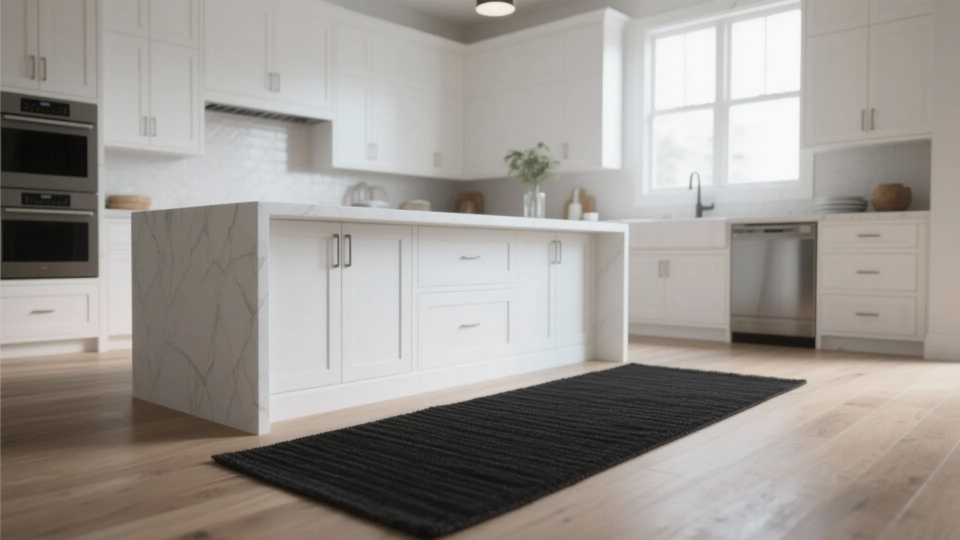 White and pale oak kitchen with a solid black low-pile runner creating modern contrast