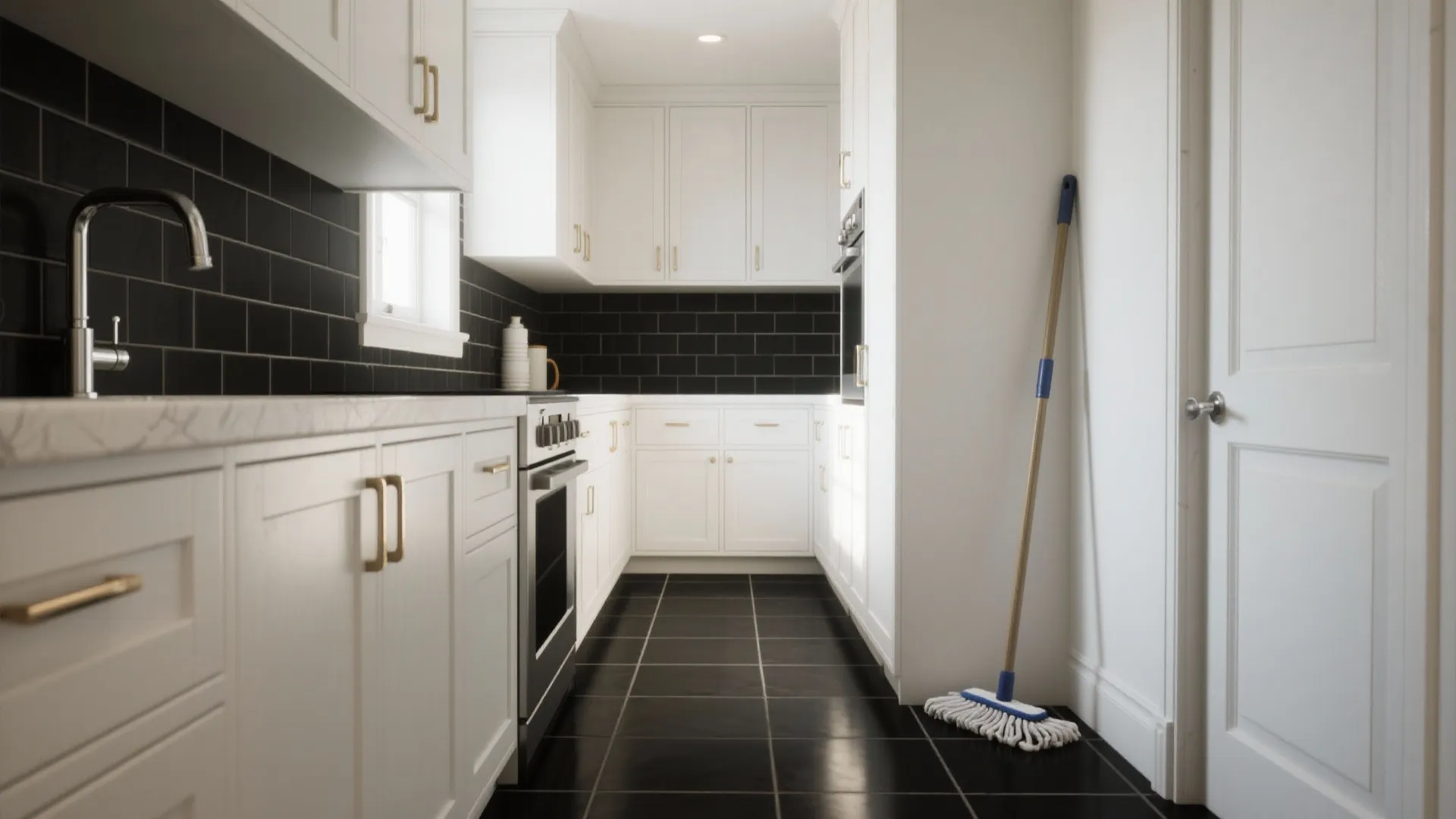 Narrow kitchen with black floor tiles and crisp white cabinets emphasizing visual width.