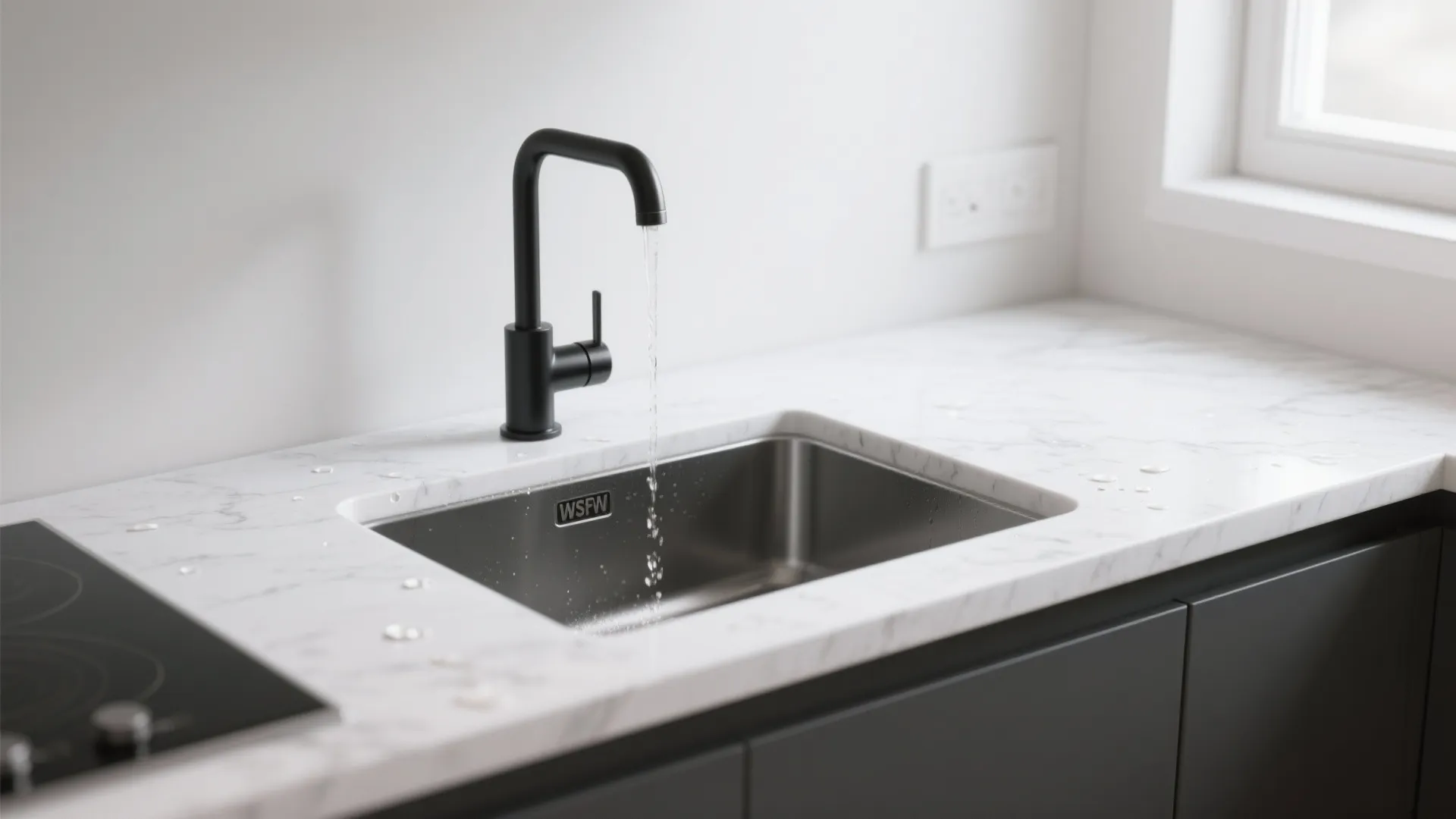 Matte black faucet contrasted with a white quartz countertop in a small kitchen