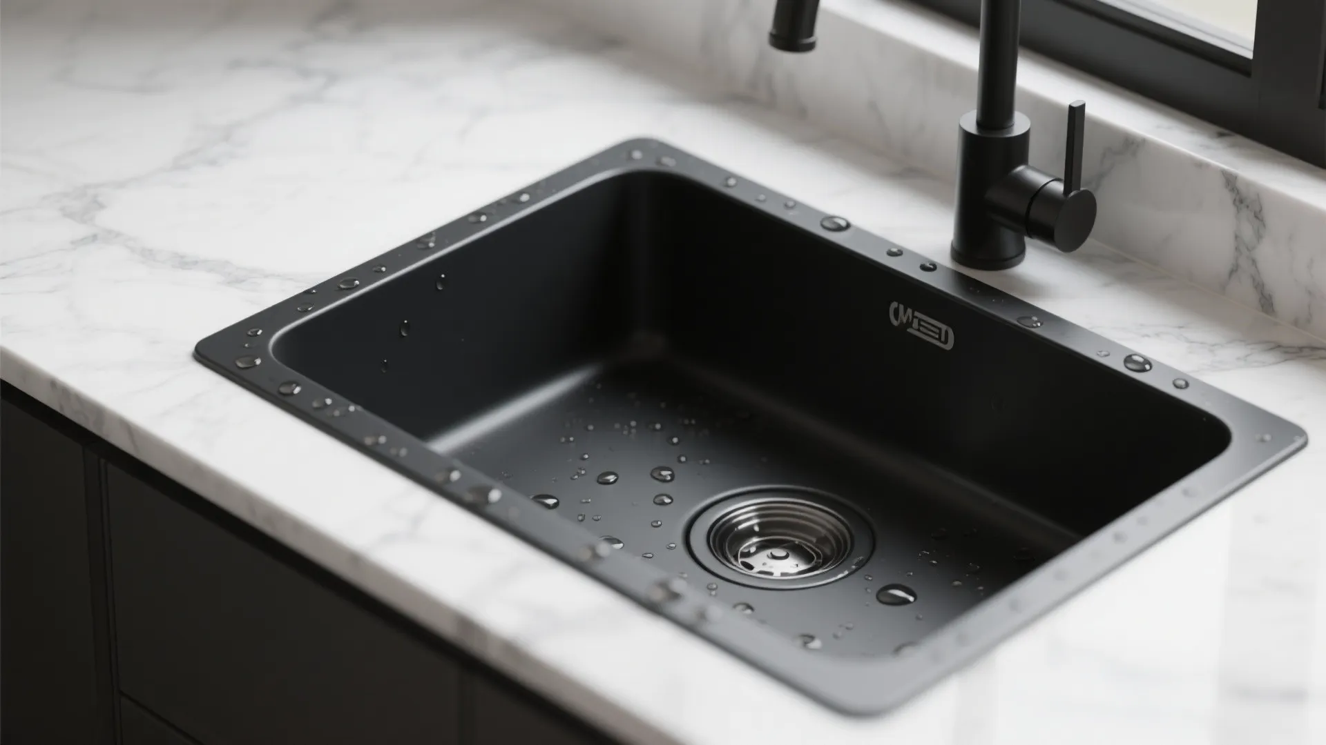 Close-up of a black undermount sink set into white marble showing the sculpted edge and texture.