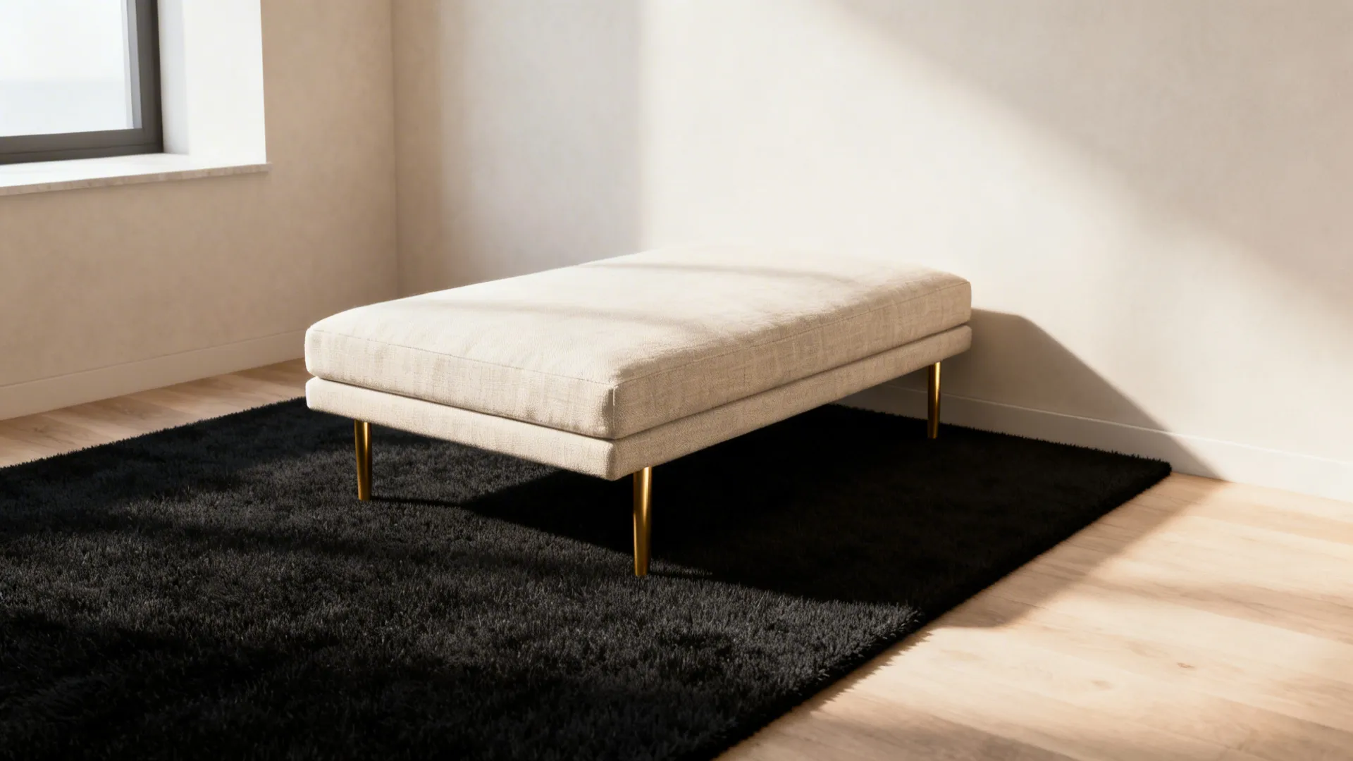 Studio seating zone with a pale linen sofa and brass coffee table positioned on a matte black low-pile rug.