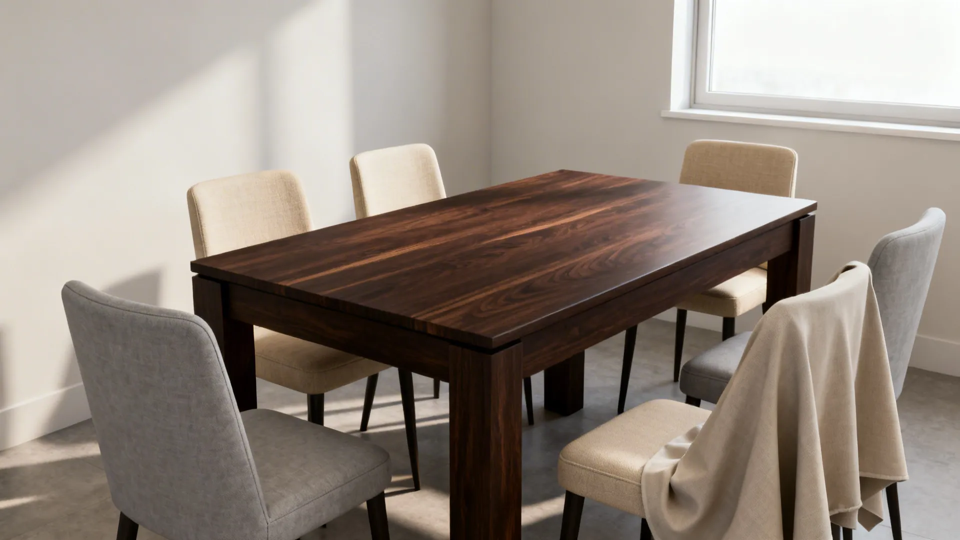 Dark brown dining table with light linen chairs creating visual contrast in a small dining space.