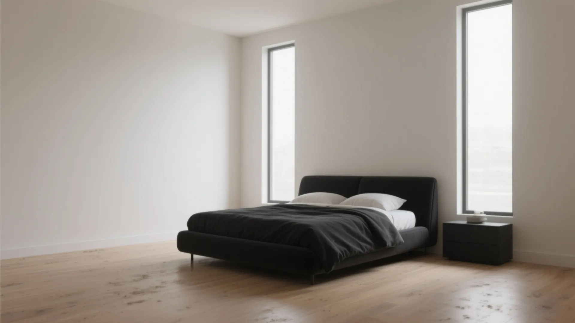 Modern minimalist bedroom featuring dark grey bed against white walls with large windows and floor