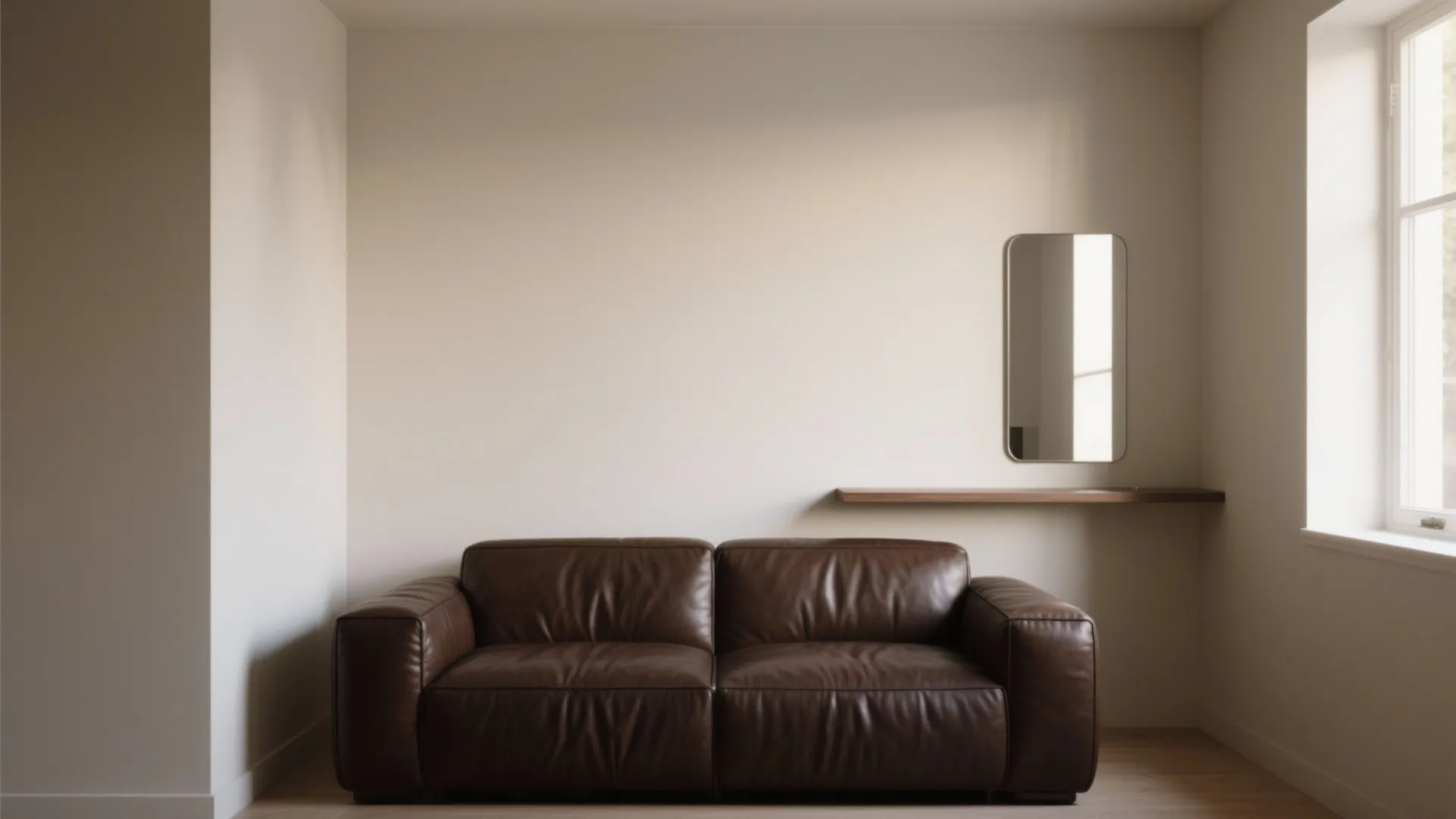 Dark brown leather couch contrasted against pale greige walls with a slim console and mirror