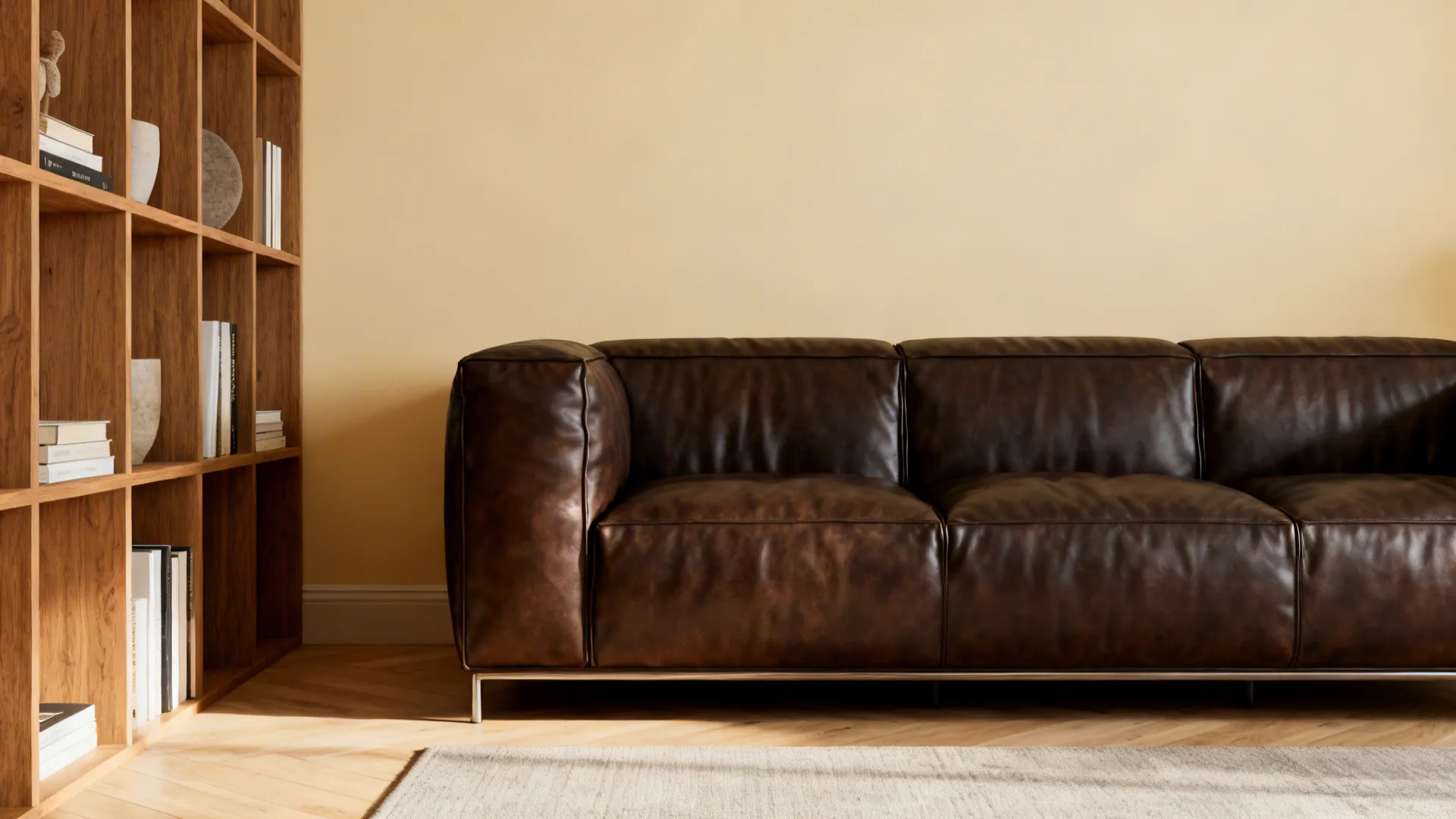 Dark brown leather sofa contrasted with pale warm walls and ash wood shelving