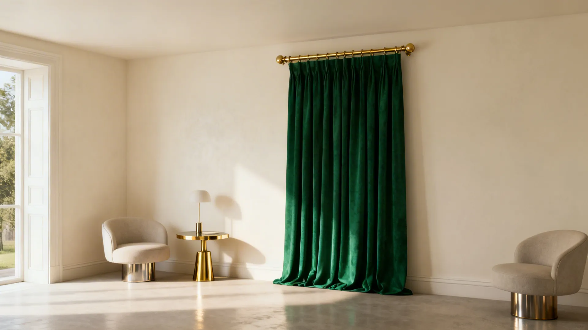 Pale warm off-white walls with emerald curtains and brass metallic accents in a modern living room.