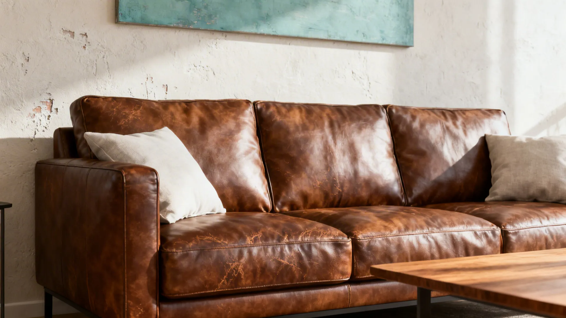 Brown leather sofa contrasted against soft warm-white plaster walls with light textiles.