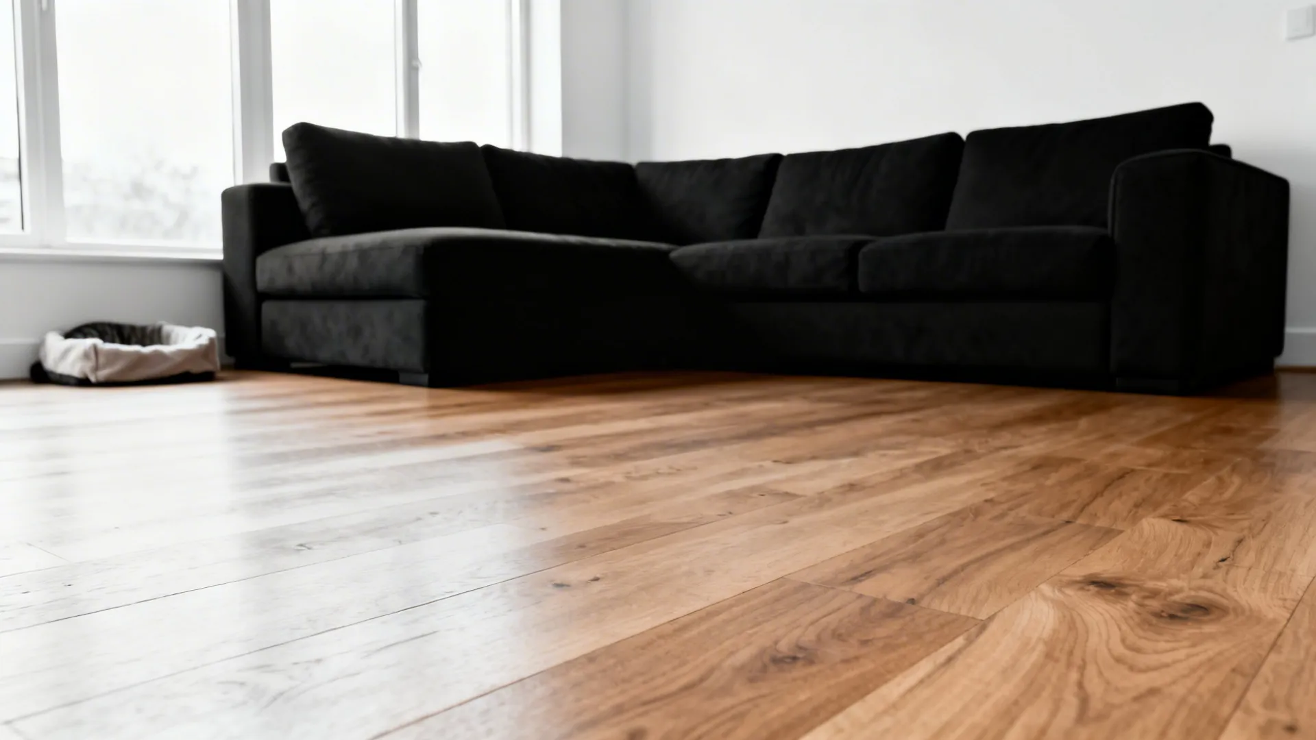 Black sectional against soft white walls and warm oak flooring emphasizing contrast.