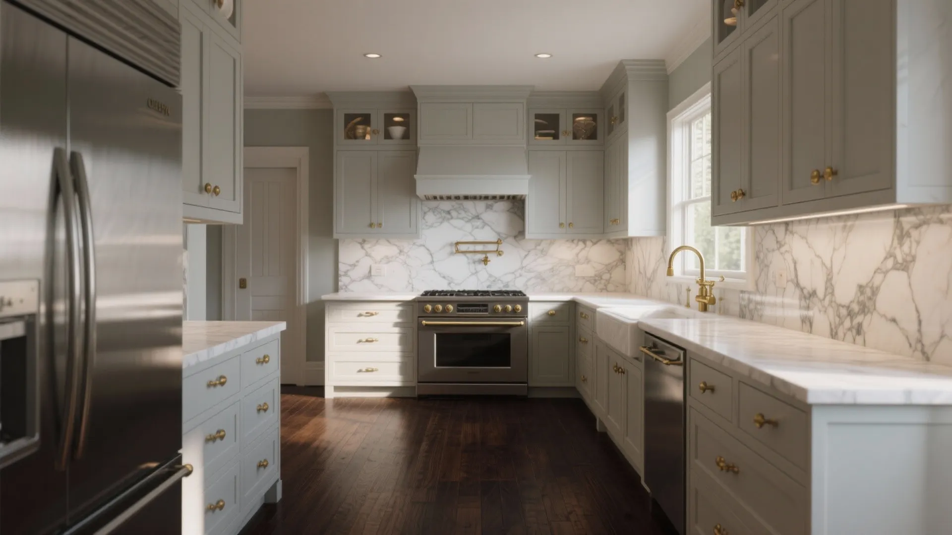 Classic kitchen with light green cabinets marble backsplash gold handles stainless steel stove and wood floors
