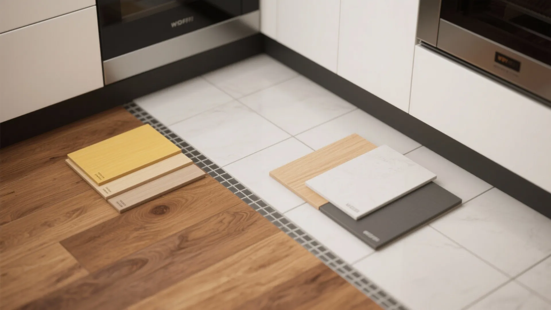 Samples of wood flooring and floor tiles placed on kitchen floor to compare different materials