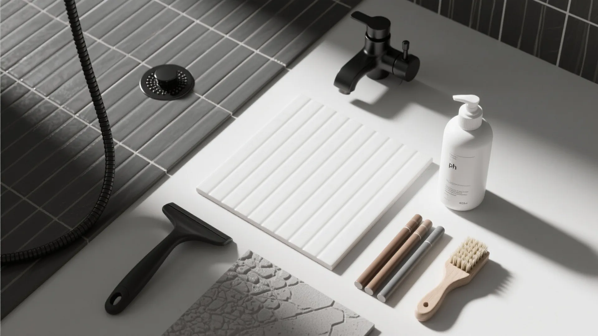 Flat lay of ribbed porcelain and smooth tiles with matte black fixtures and care tools.