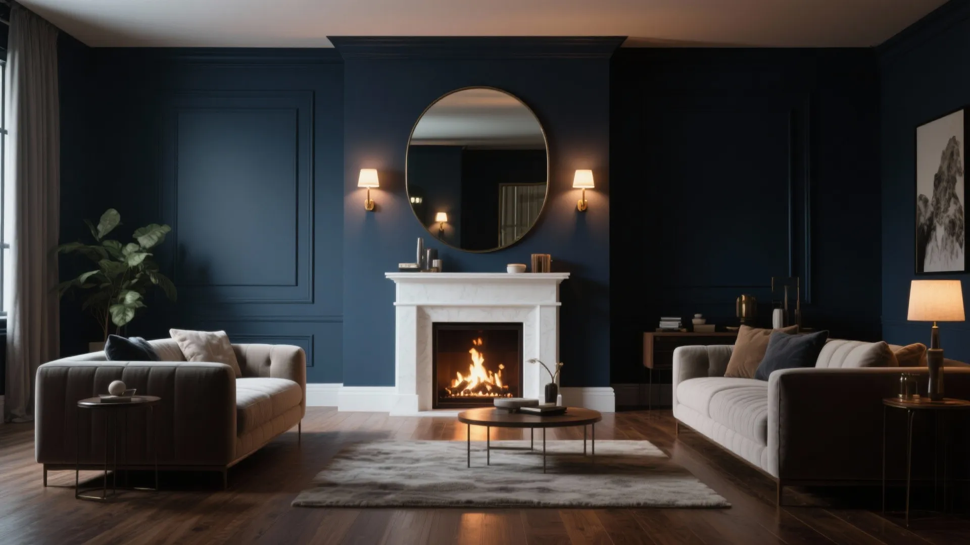 3. Bold Contrast — Dark Walls with a White Fireplace
