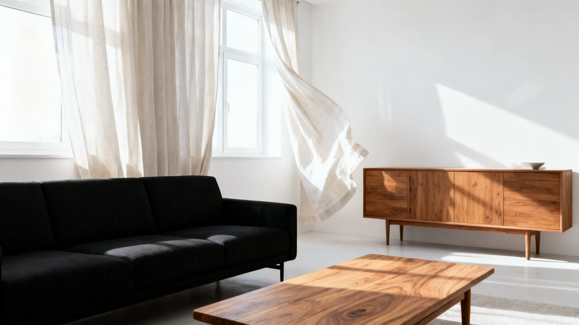 Black sofa contrasted with white walls, light curtains and warm wood furniture