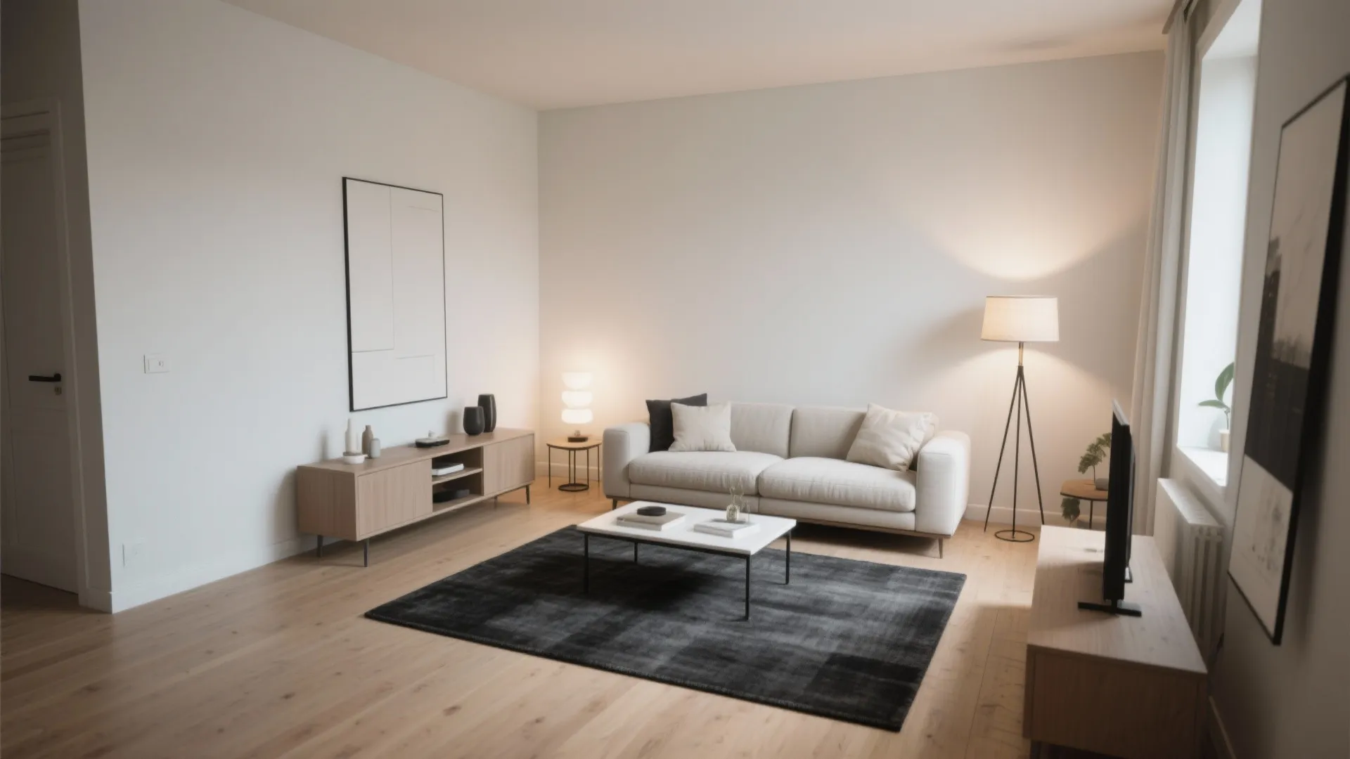 2. Create Contrast with Pale Walls and Dark Rug