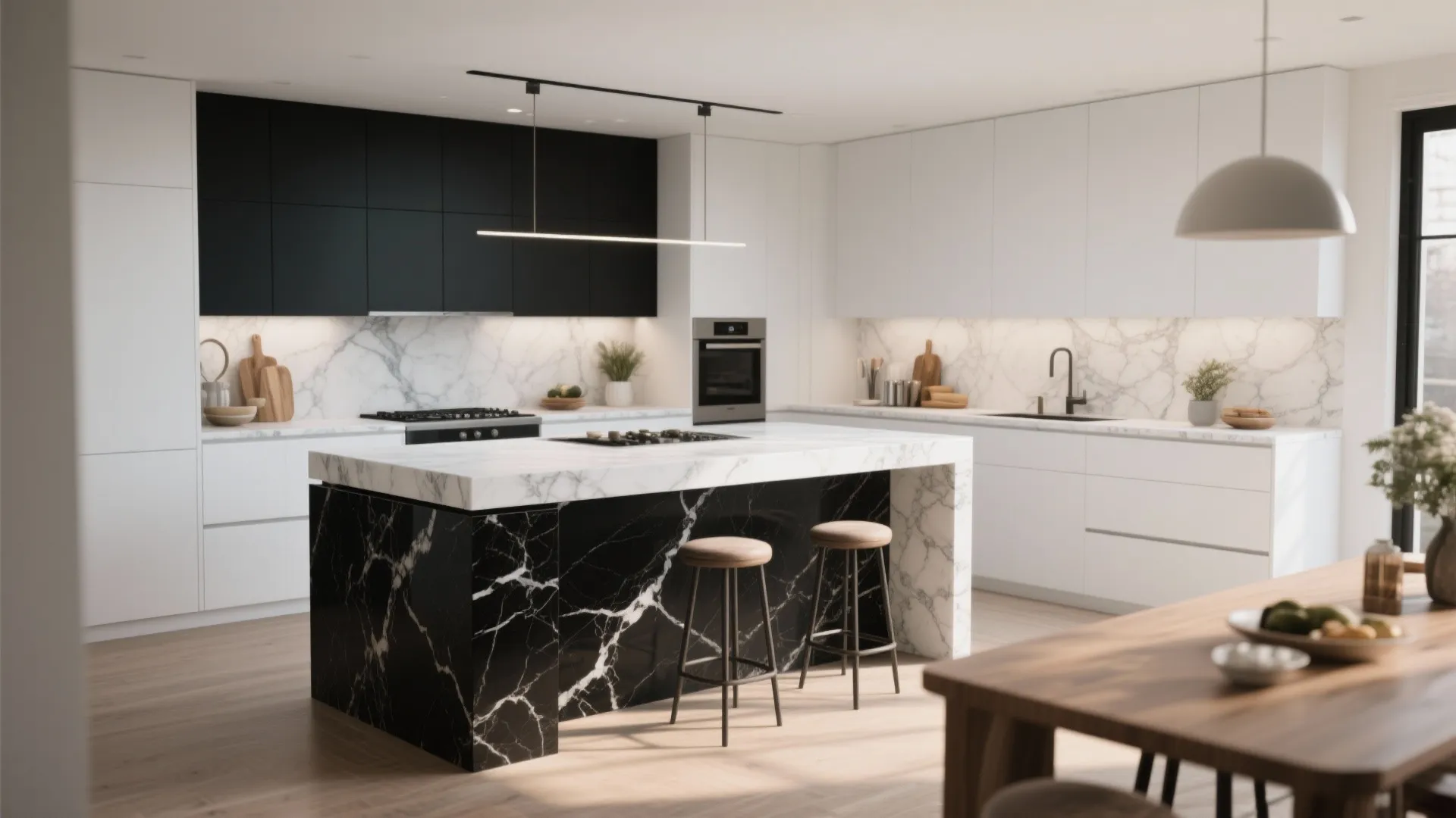 Modern kitchen with black marble island stools white cabinets and linear ceiling light above marble counters