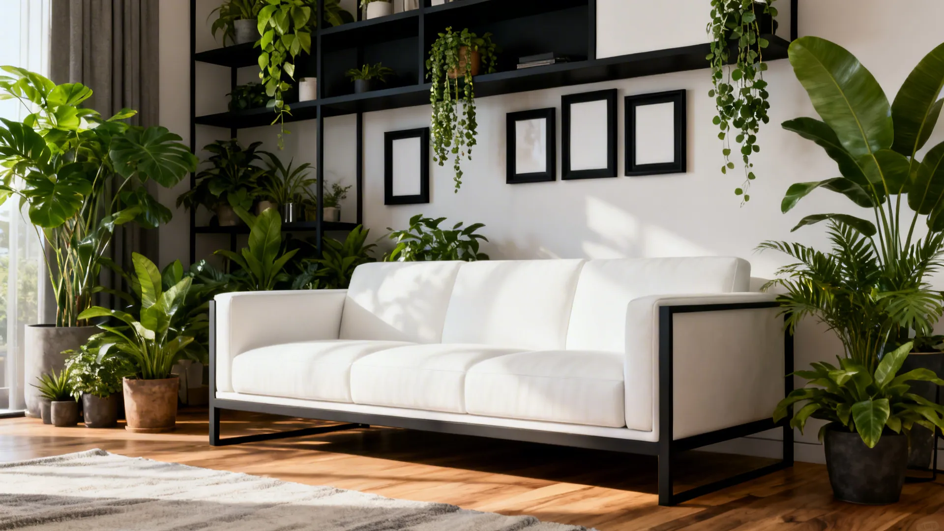White sofa with dark metal accents and abundant greenery
