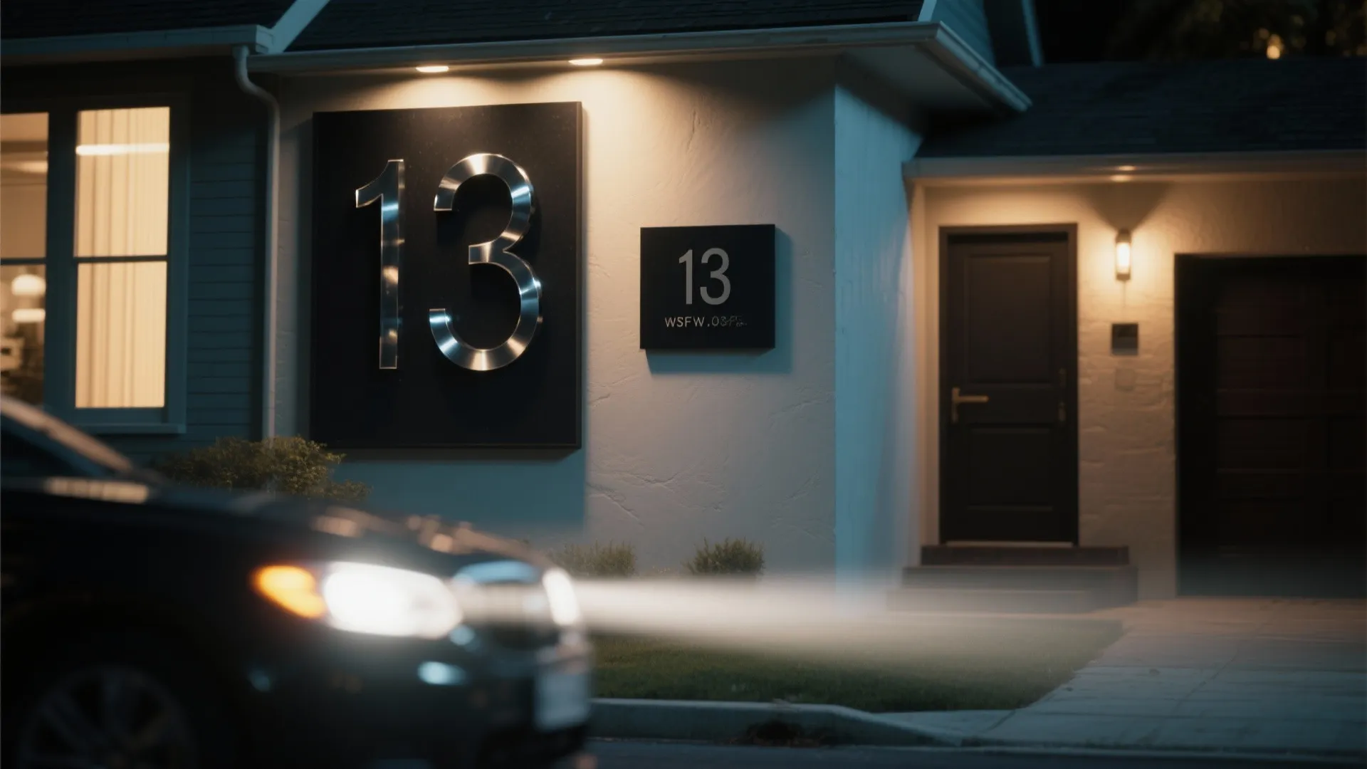 Large silver number thirteen on black wall plate near house door with bright car headlights