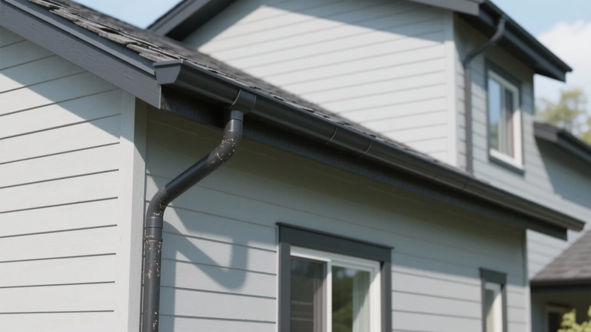 Modern house exterior with grey wall siding and black metal roof drain pipe system for drainage