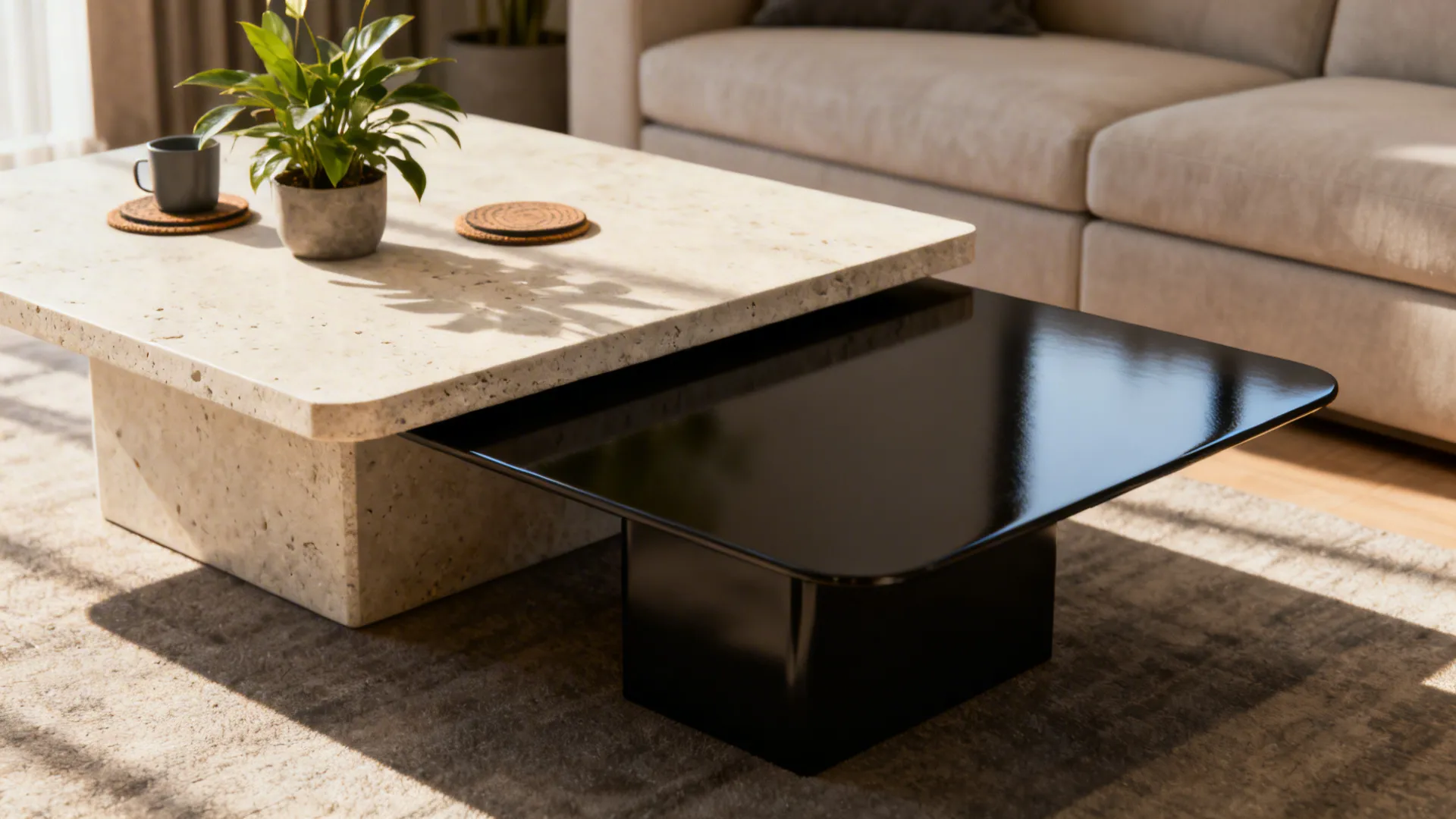 Contrasting coffee tables: textured light stone table with plants and a dark lacquered table kept clear for food.