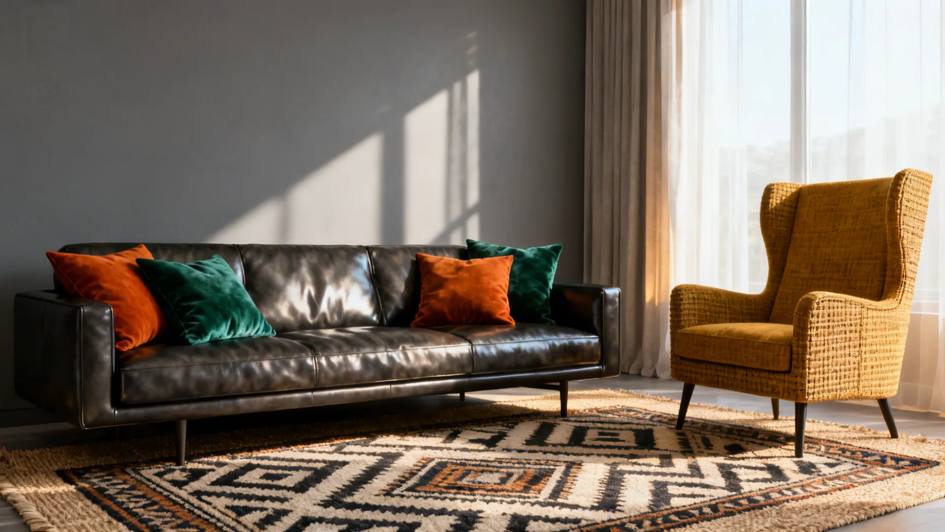Charcoal leather sofa paired with a taller mustard fabric chair creating contrast and scale