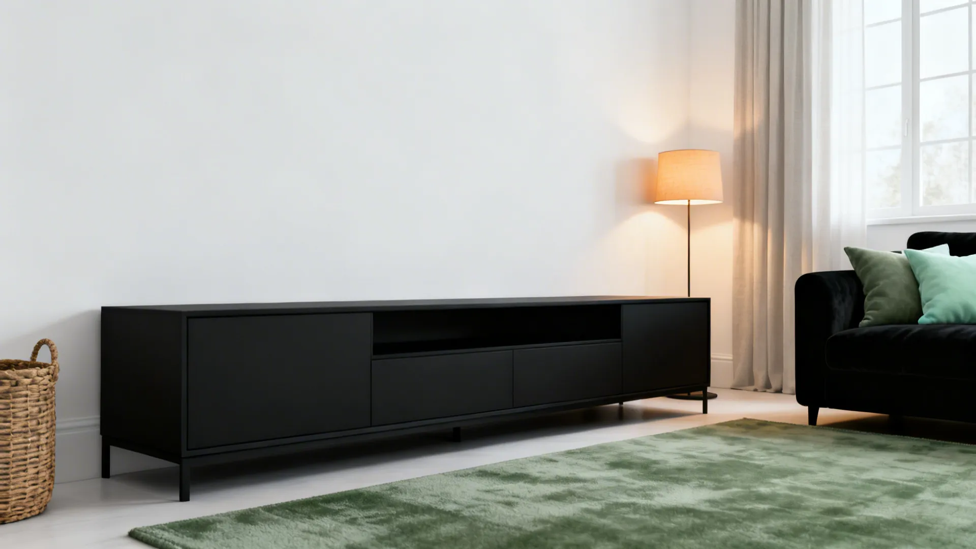 White wall with deep black sofa and soft sage accents in a compact living room