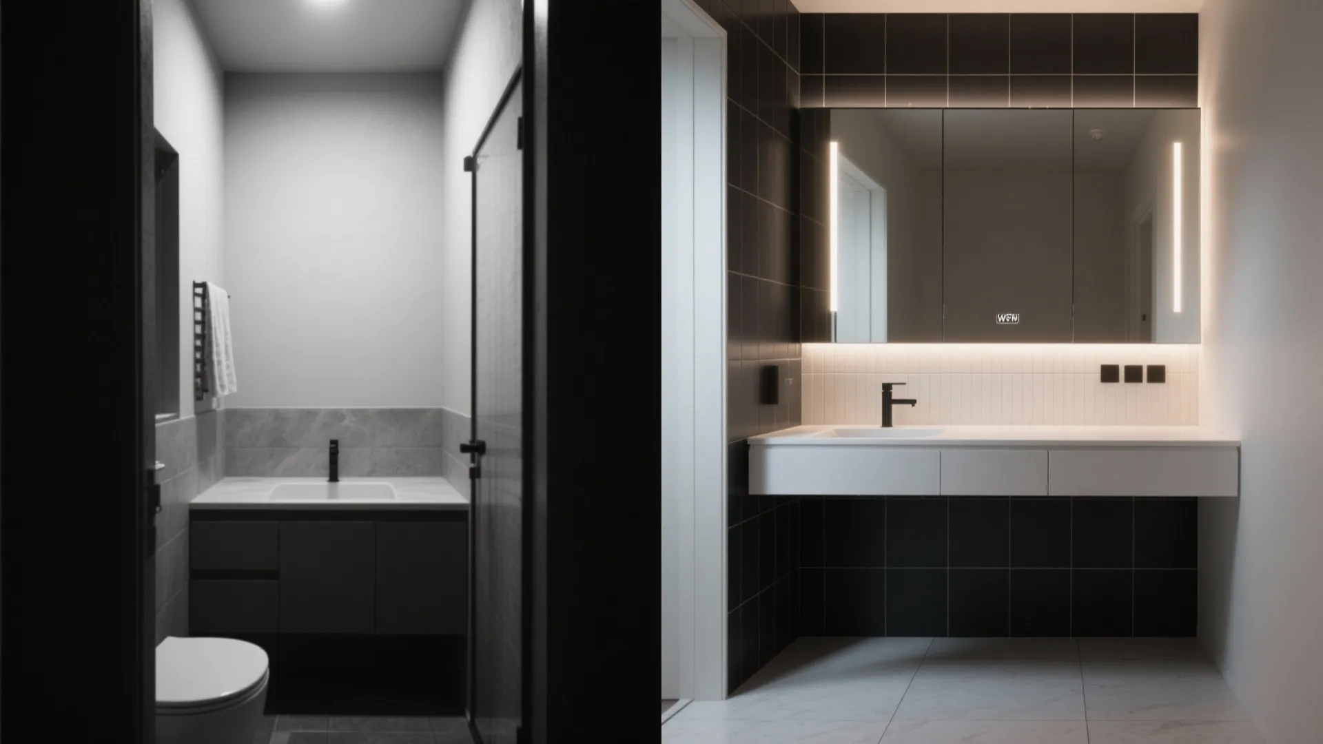 Side by side comparison of a dark bathroom and a brightly lit modern bathroom design