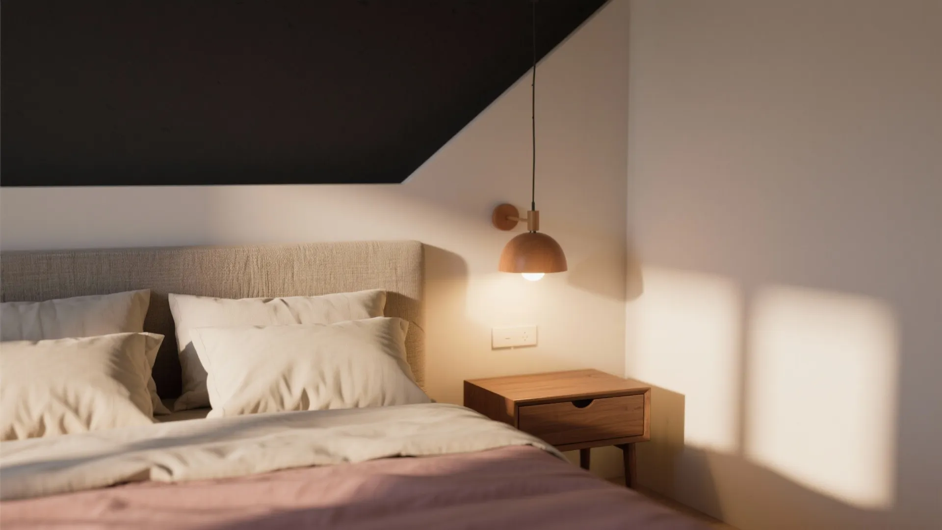 Minimalist bedroom with wooden nightstand and hanging wooden light fixture against a white sloped wall