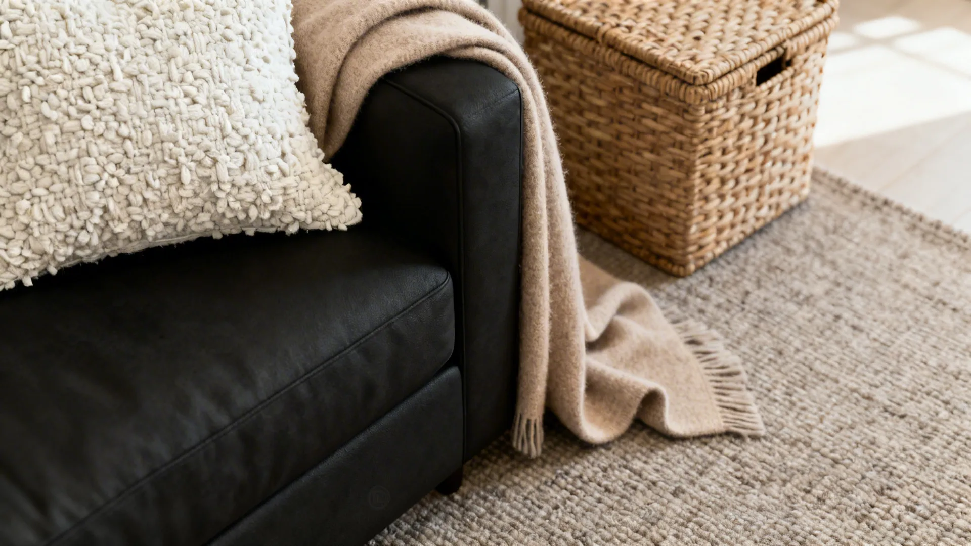 Close-up of black sofa with off-white boucle pillow and sand wool throw on a greige rug