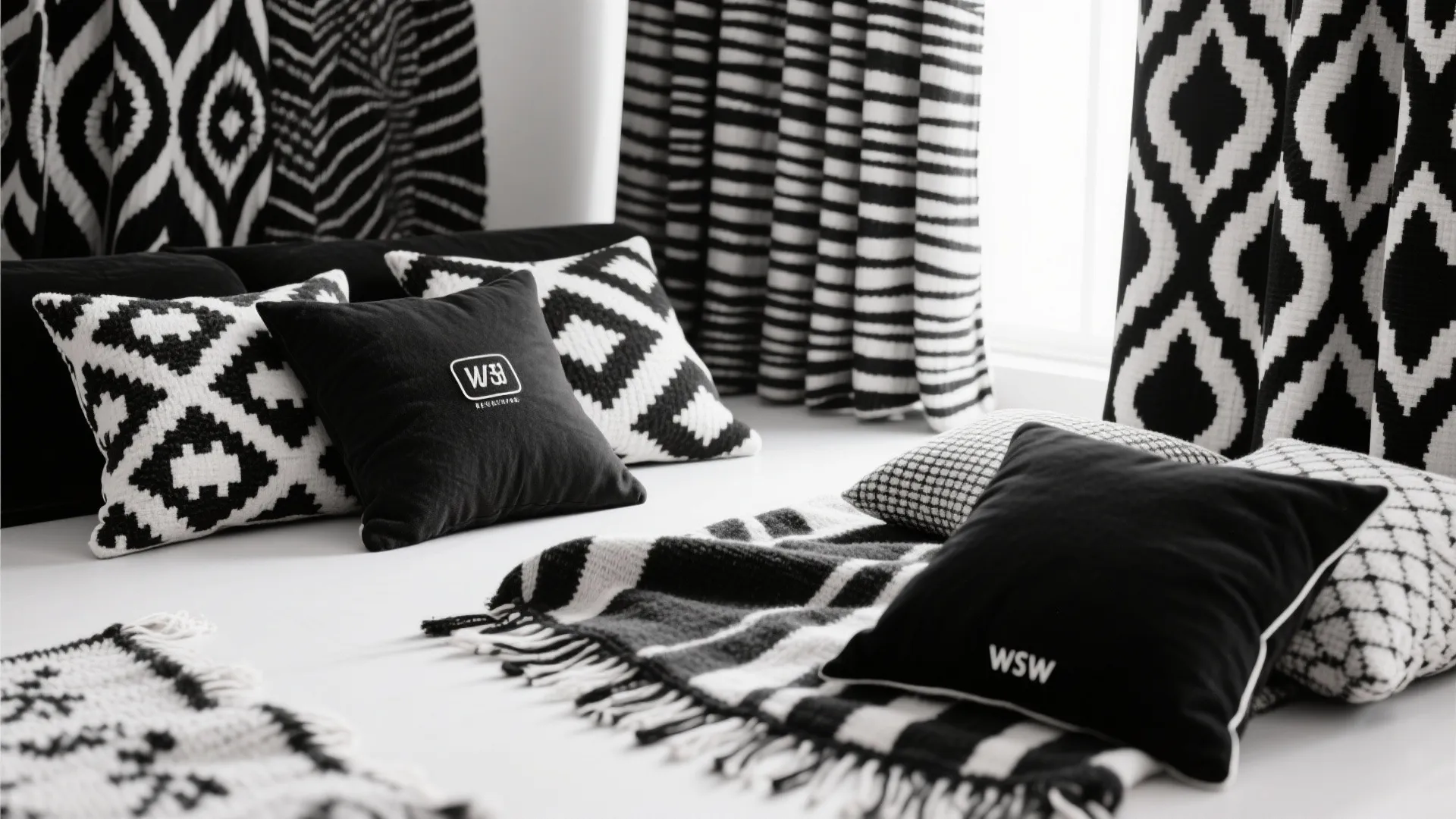 Flat lay of assorted black and white patterned textiles