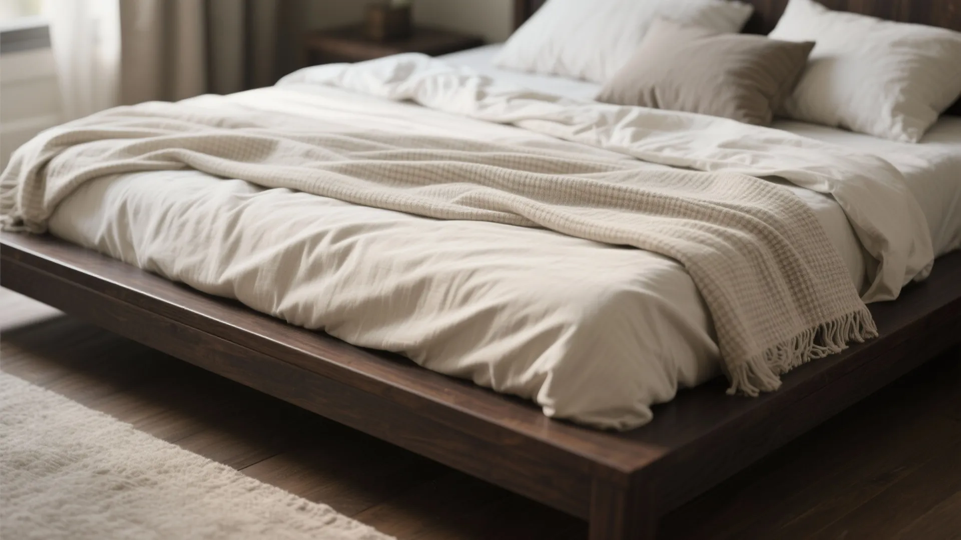 Dark platform bed with pale linen bedding and textured throws highlighting contrast