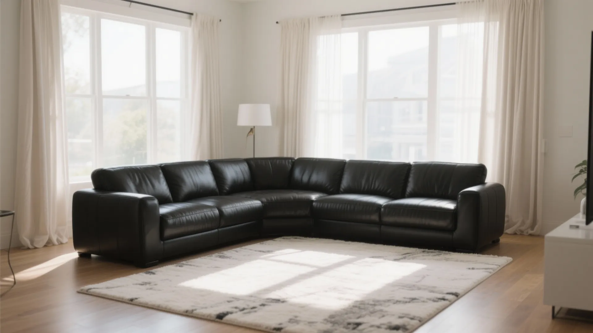 Black leather sectional with ivory rug and light curtains