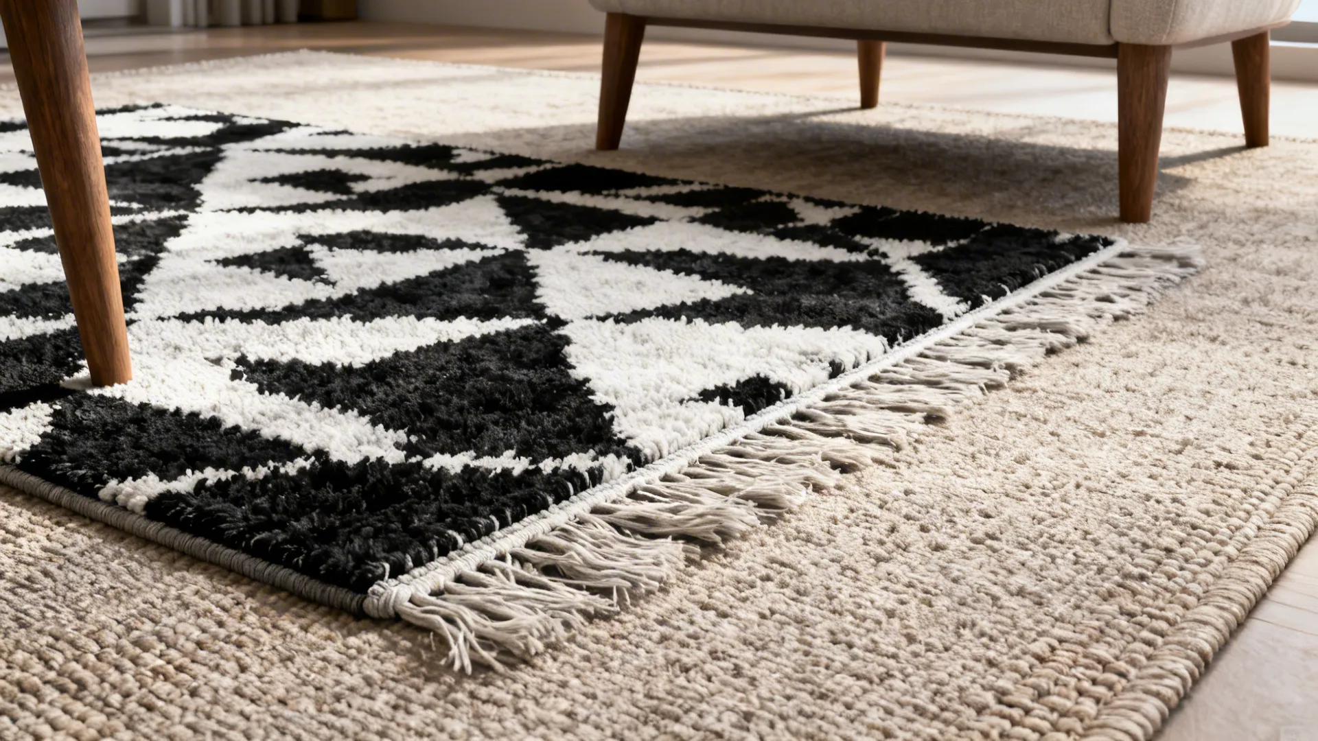Layered rugs with a high-contrast black-and-white rug over a textured neutral rug anchoring a seating area