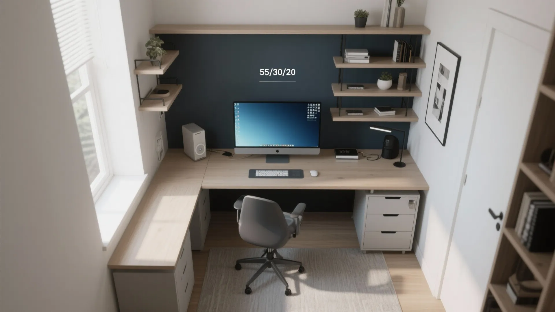 Home office top view showing dark blue wall wooden desk computer chair and wall shelves