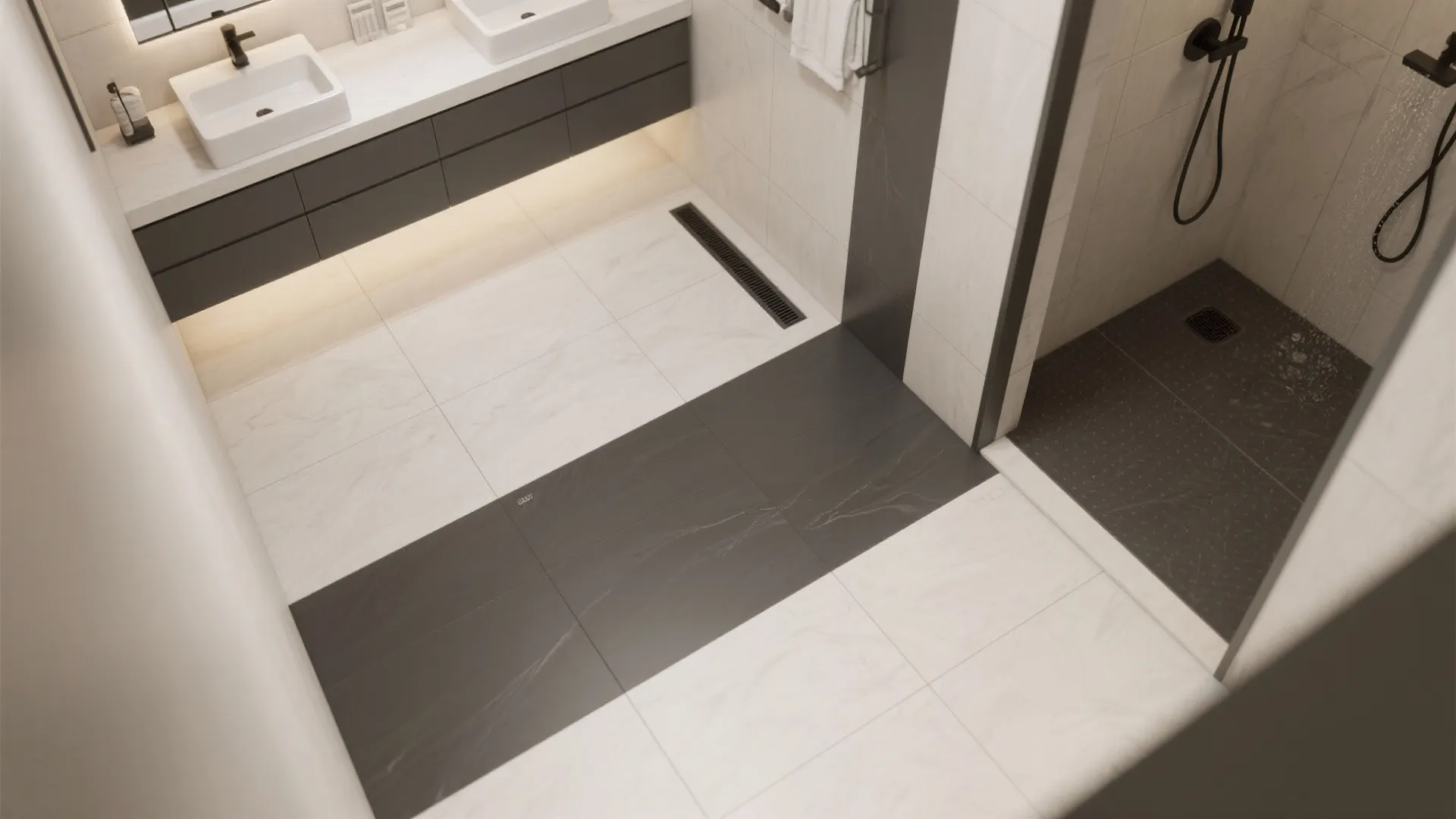 Top-down view of a gentle contrast pathway leading to the shower wet zone with a curbless entry.