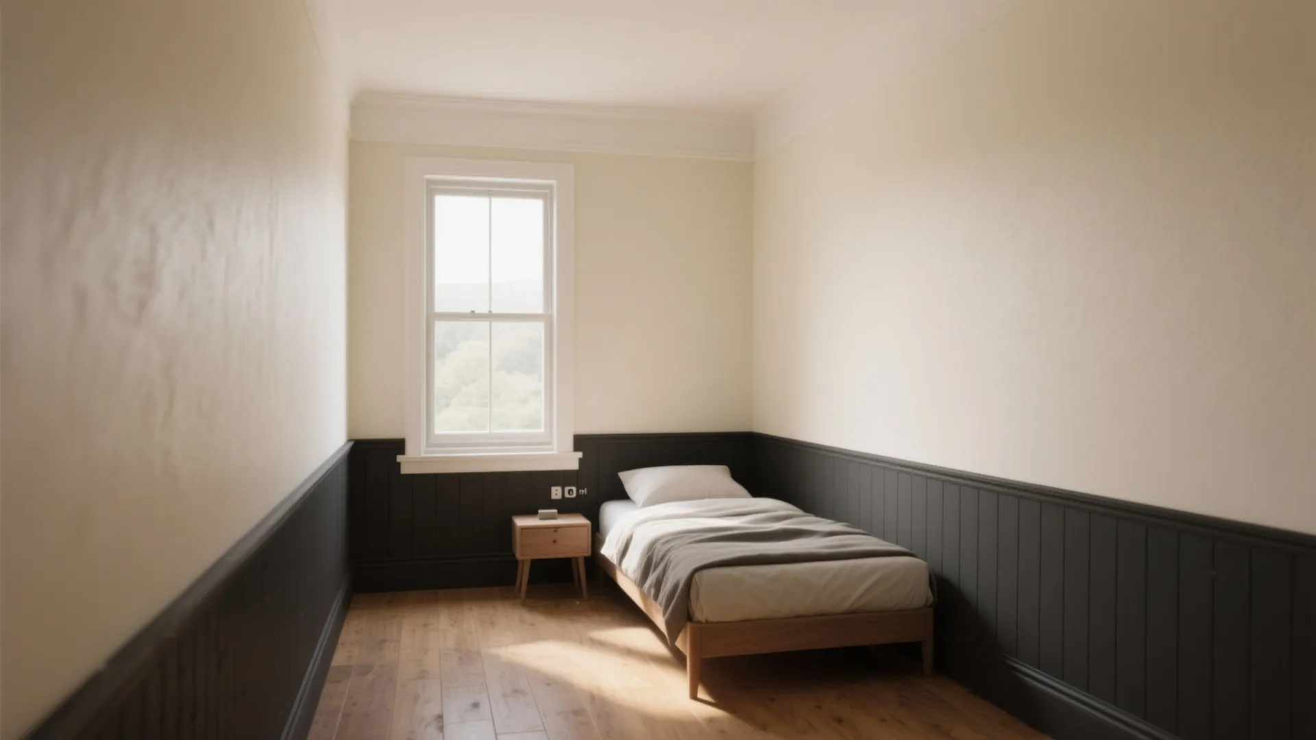 Small bedroom with cream walls, dark wall panels, single bed, wooden floor, and a window