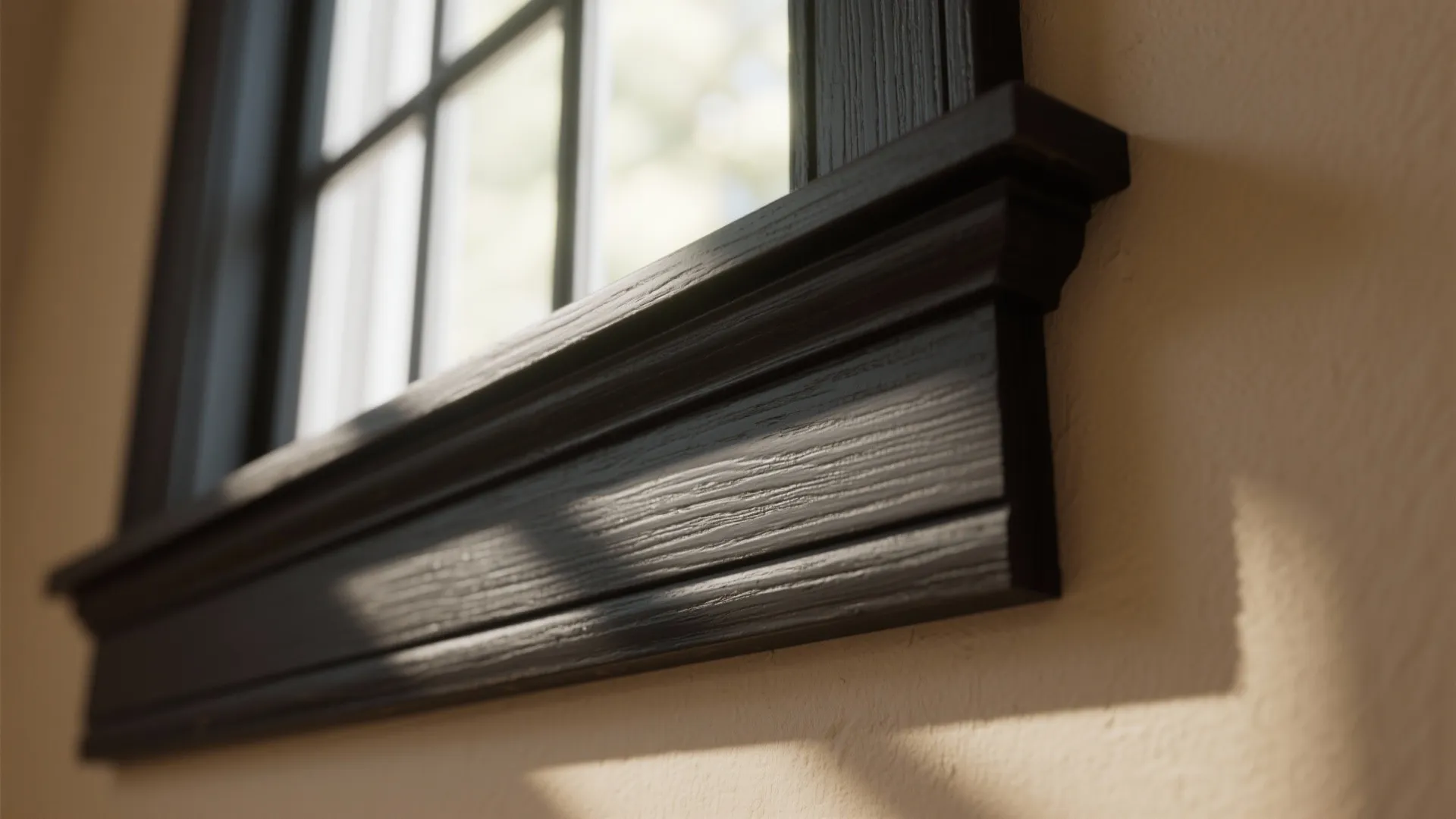 Close-up of deep charcoal trim against a warm neutral wall capturing light and shadow.