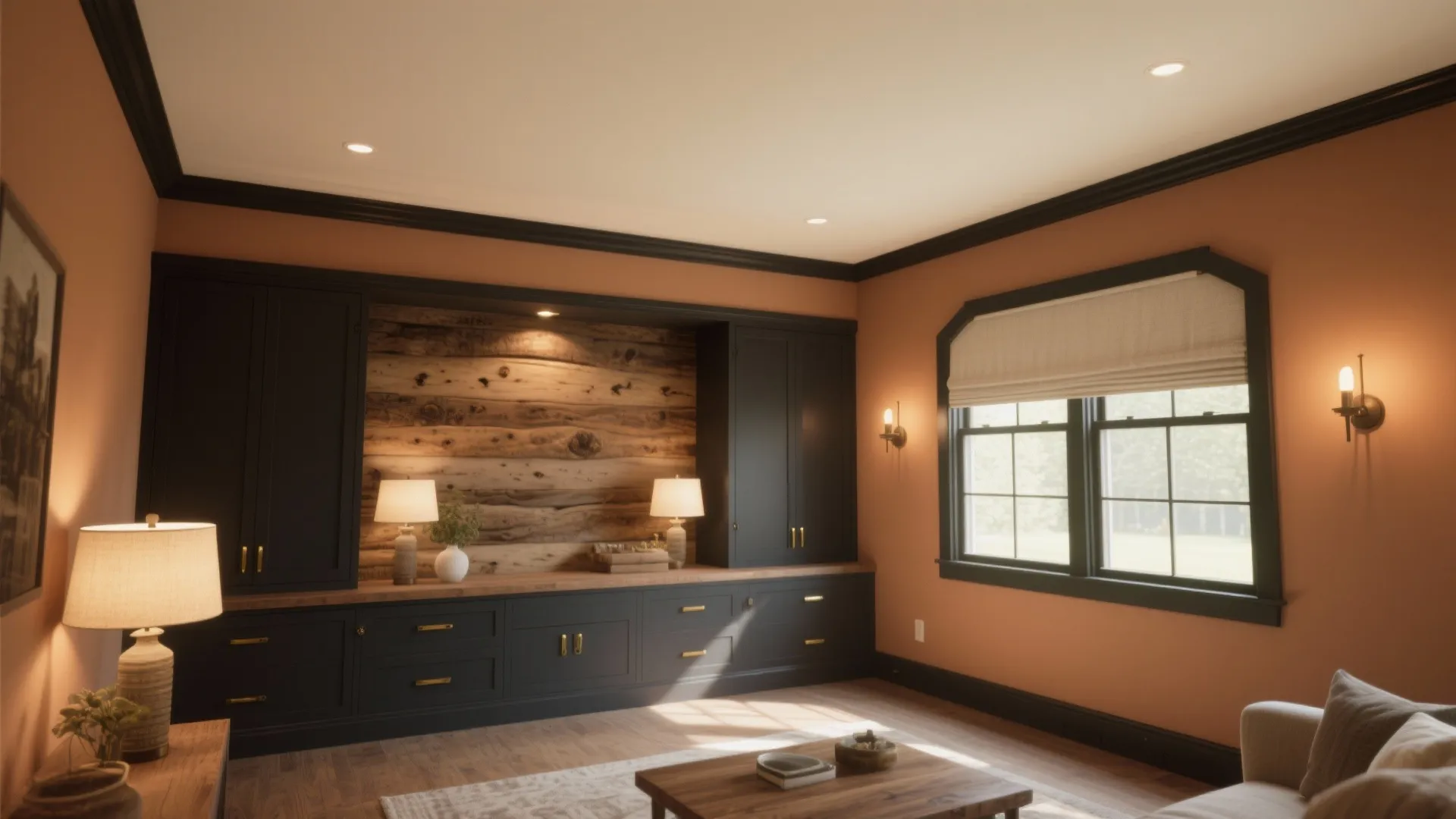 Room showing dark crisp trim and built-ins contrasted with warm painted walls over knotty pine and layered lighting.