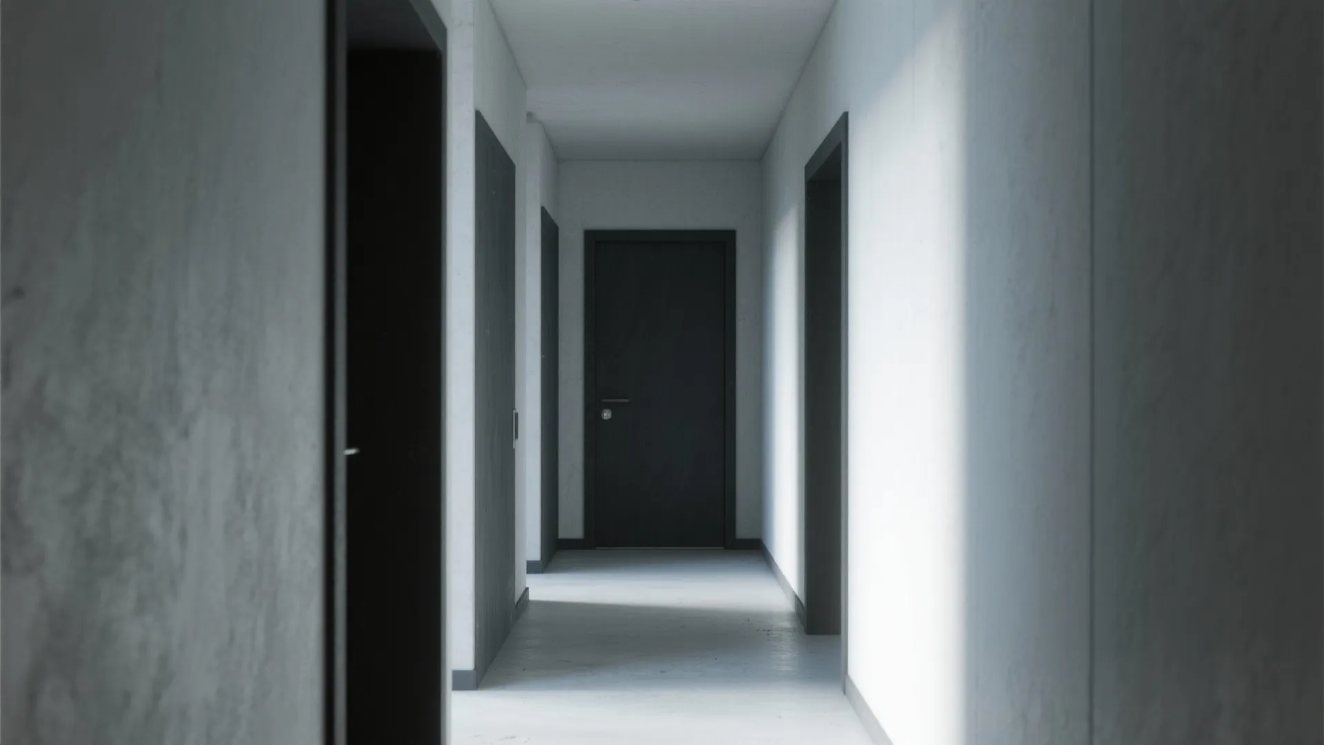Minimalist white hallway with black door frames and a dark door at the end corridor