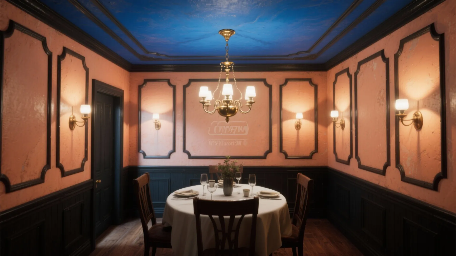 Pink dining room with black wall panel, blue ceiling, round table, wooden chairs, and light