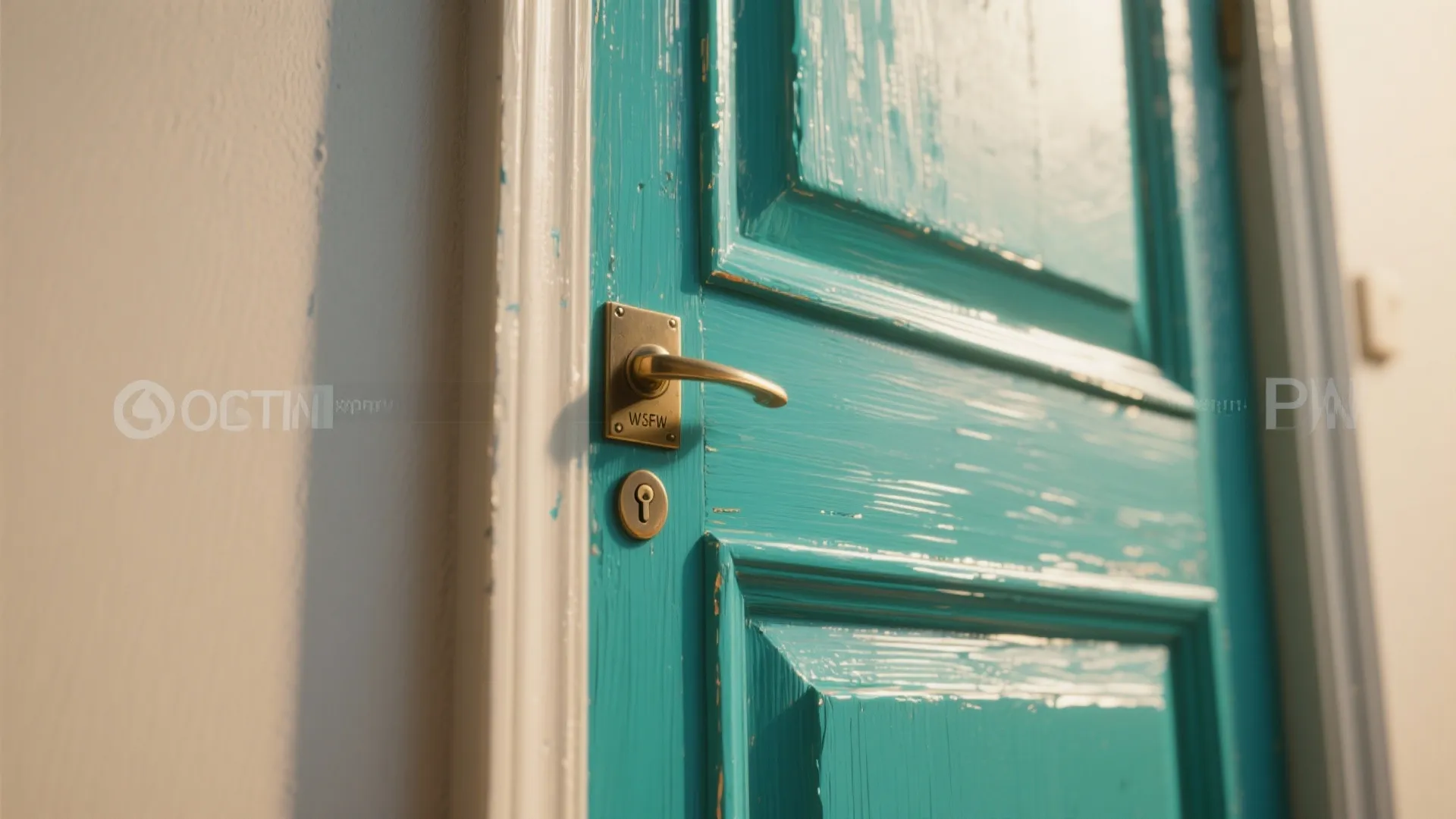 Bright blue wooden door with white trim, gold handle, and key hole in white wall