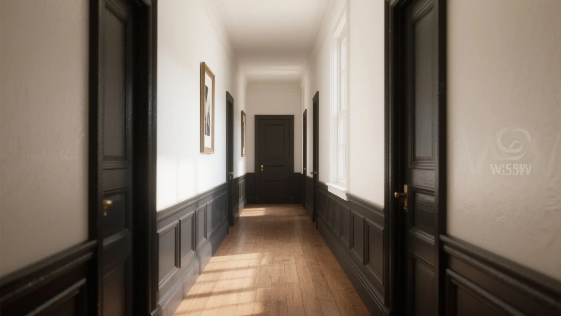 Narrow hallway with deep charcoal baseboards and casings creating strong contrast against warm-white walls, highlighting door frames.