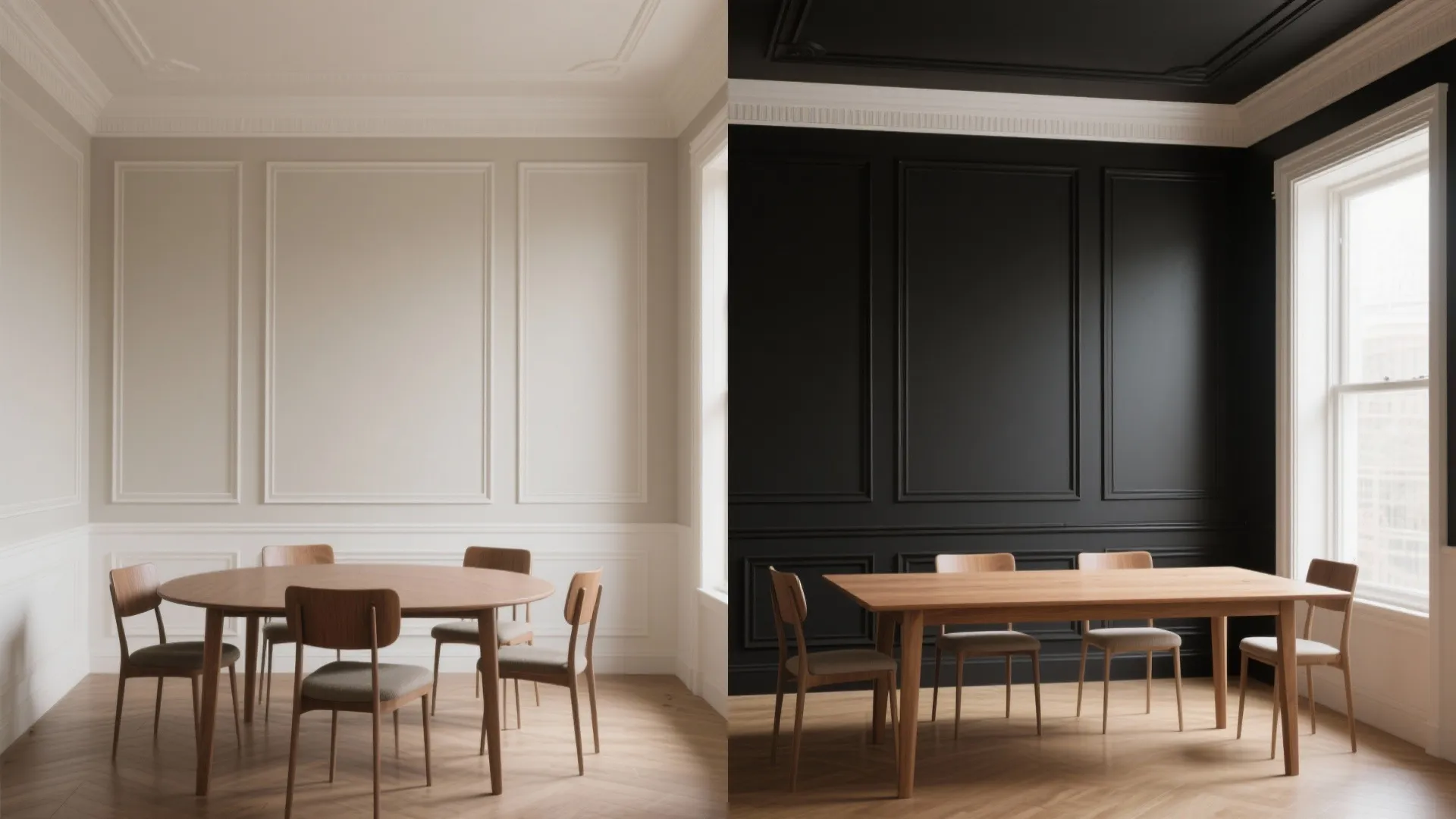 Side-by-side before and after of a dining room demonstrating black trim and darker ceiling vs neutral trim.