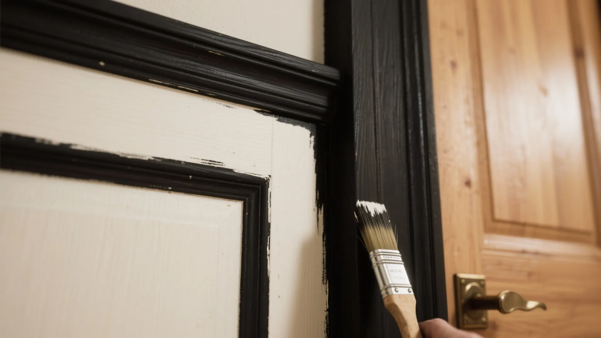 Close up of painting wall panel black with a small paint brush near wooden door
