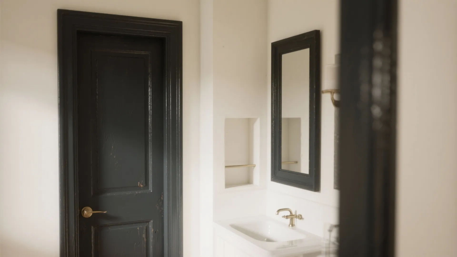 Modern bathroom featuring black wooden door black mirror frame white walls and a white sink